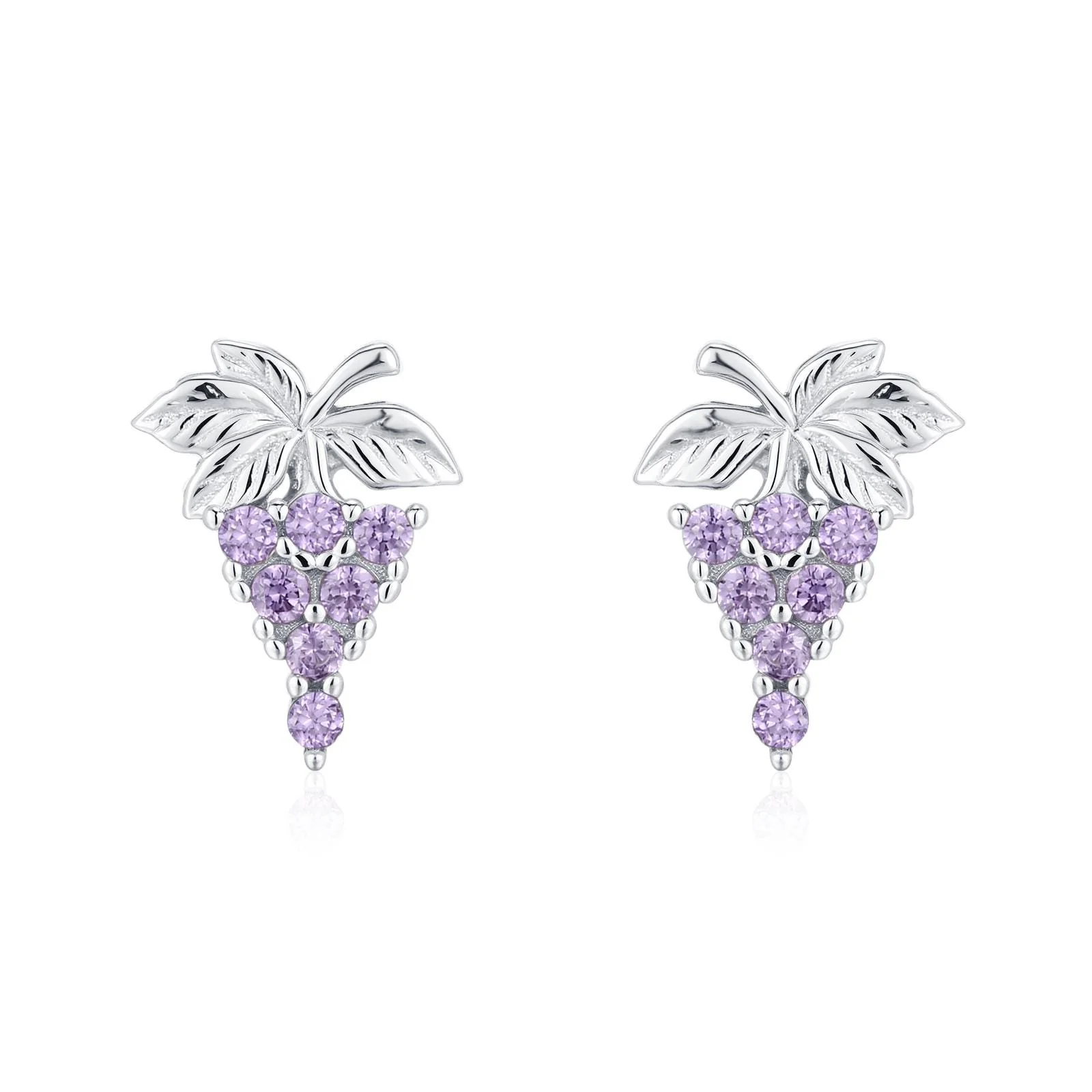 Sterling Silver Grape and Leaf Purple CZ Stud Earrings - Image 10