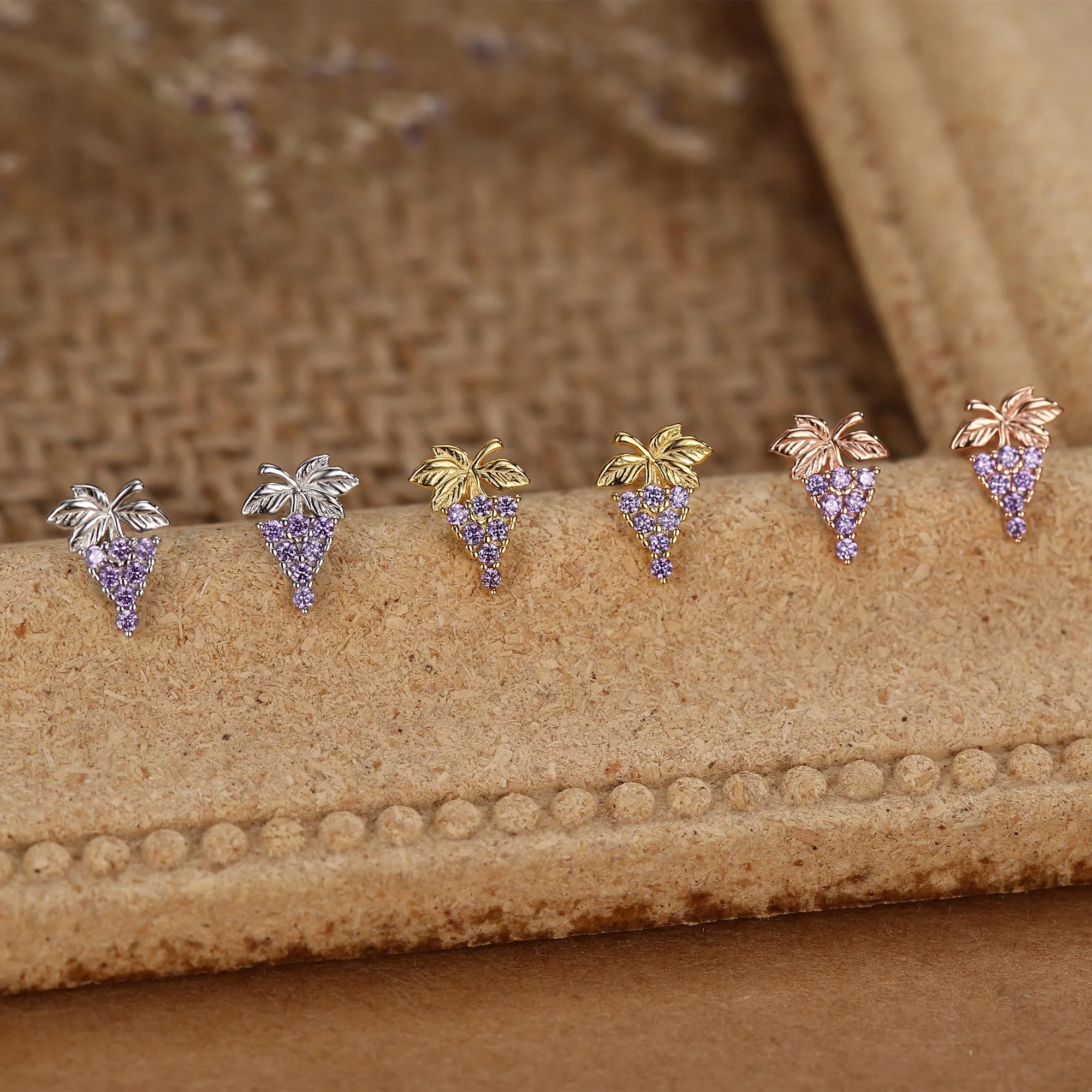 Sterling Silver Grape and Leaf Purple CZ Stud Earrings - Image 4