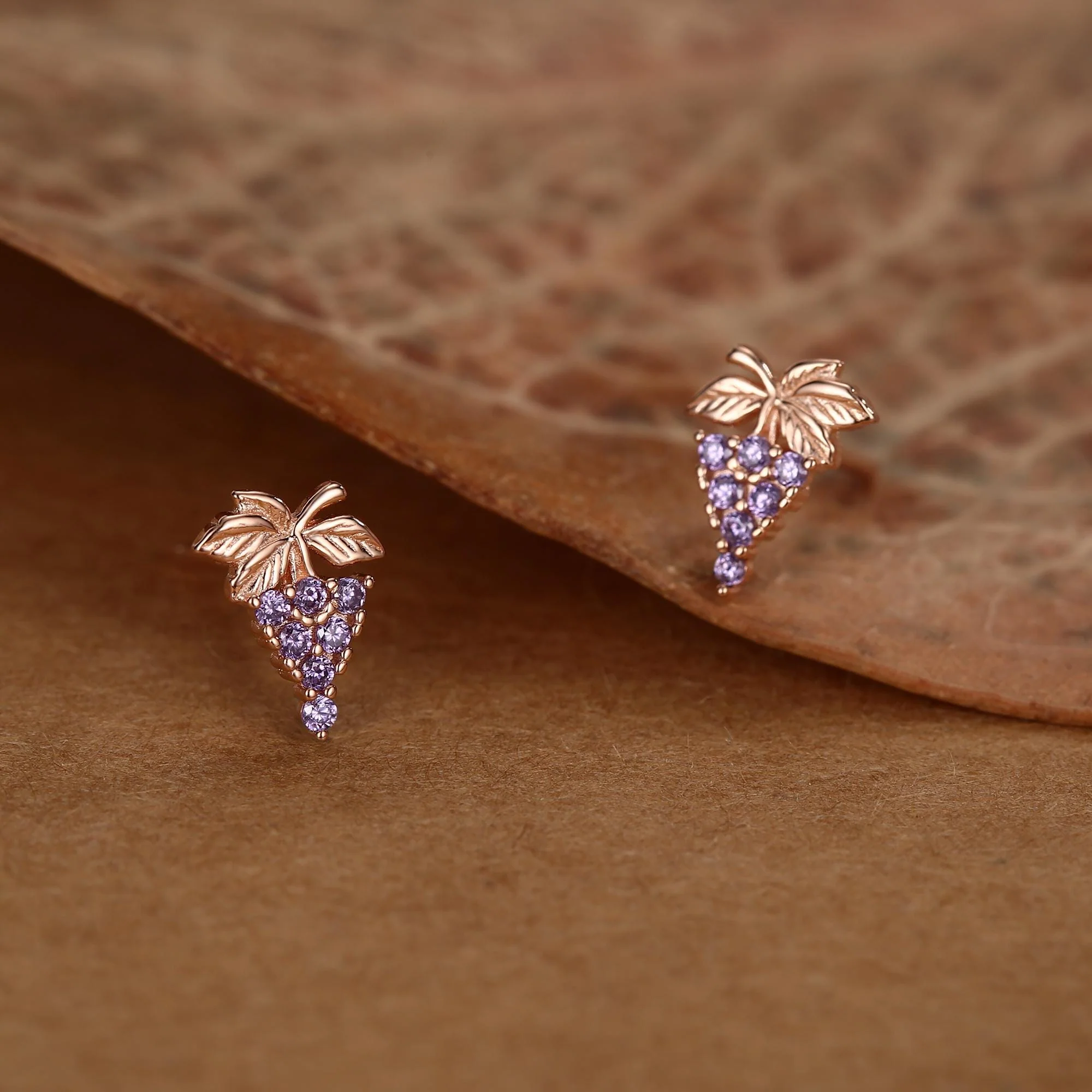Sterling Silver Grape and Leaf Purple CZ Stud Earrings - Image 5