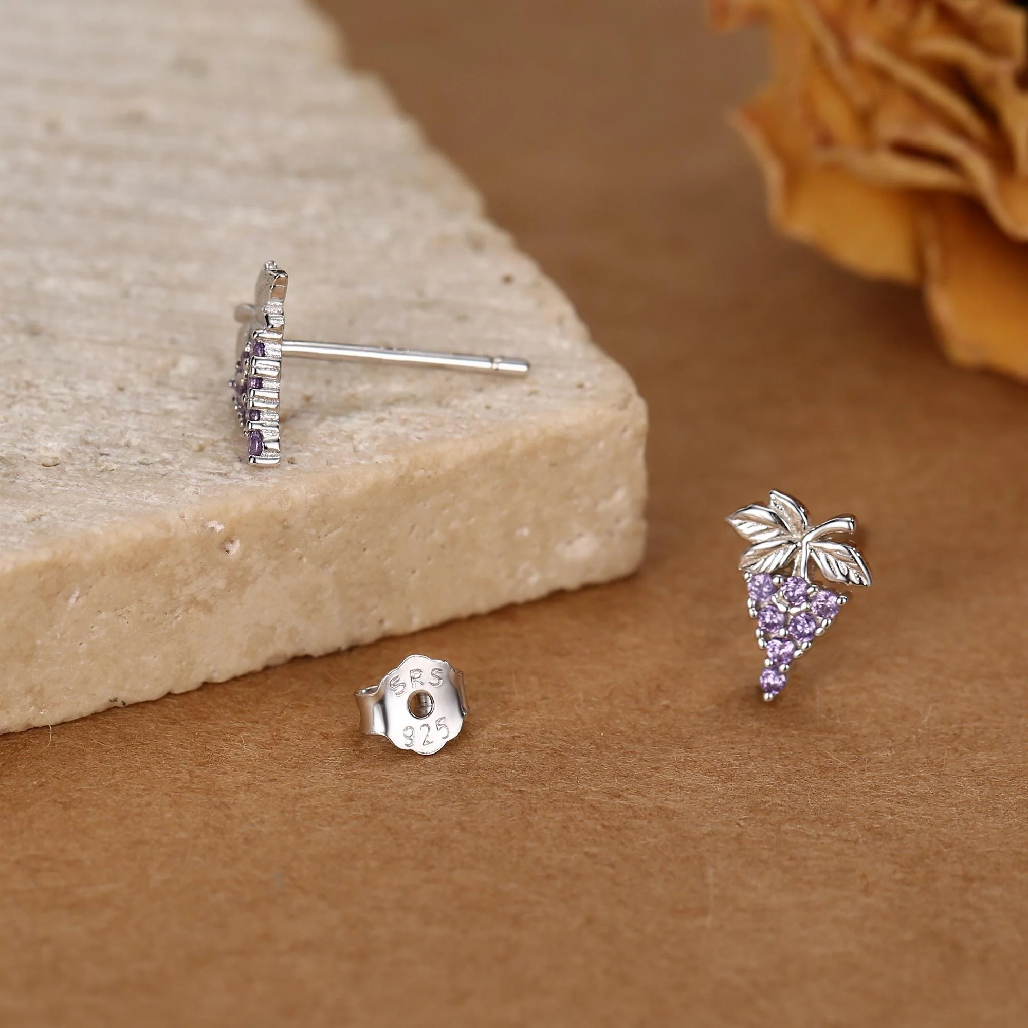 Sterling Silver Grape and Leaf Purple CZ Stud Earrings - Image 6