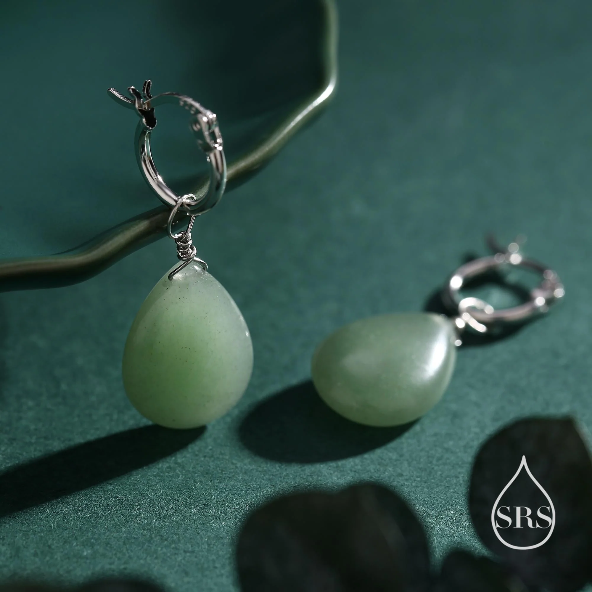 Sterling Silver Green Aventurine Jade Droplet Hoop Earrings, Detachable Green Jade Coin Charm Dangle Hoop Earrings - Image 4