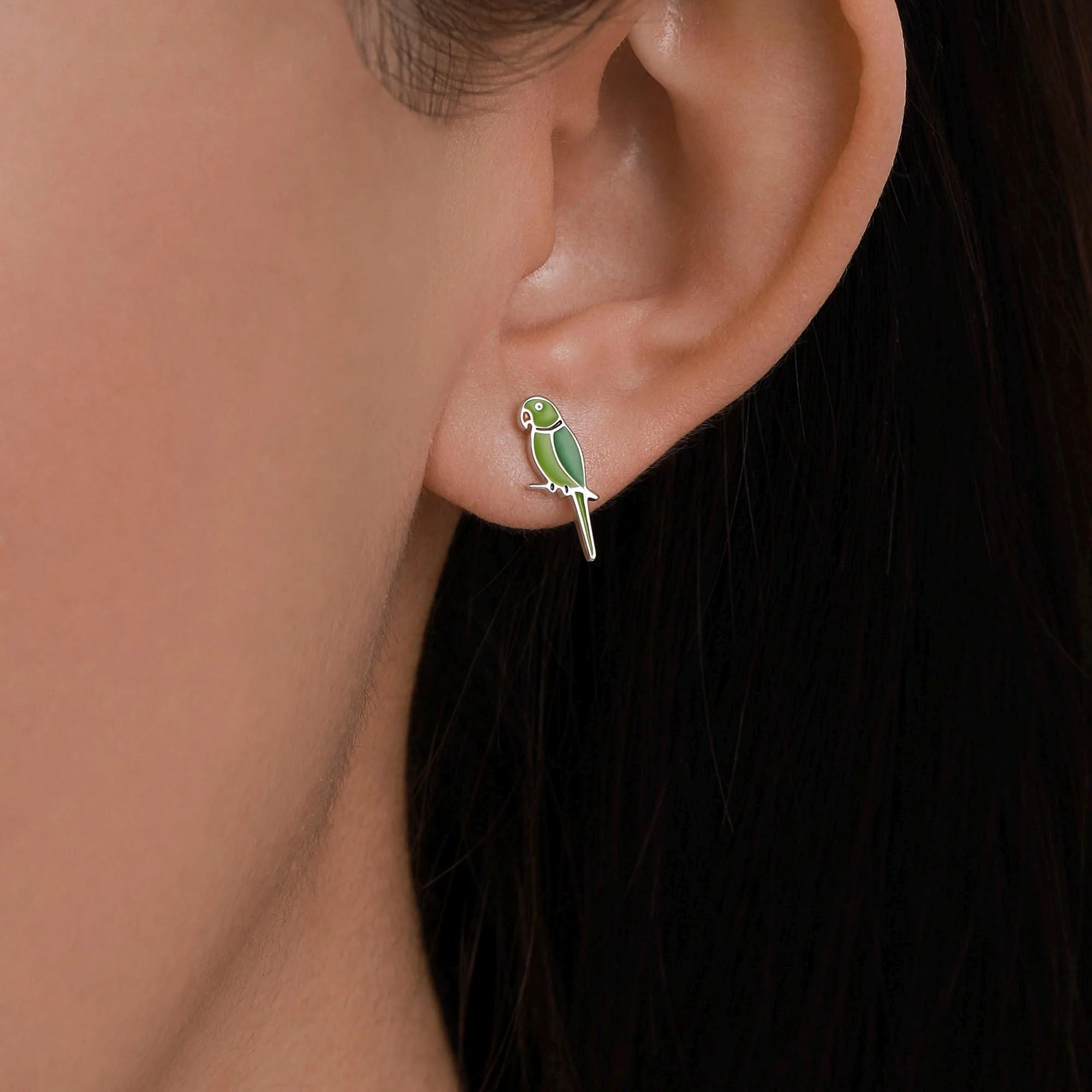 Sterling Silver Green Enamel Parakeet Parrot Earrings - Image 7