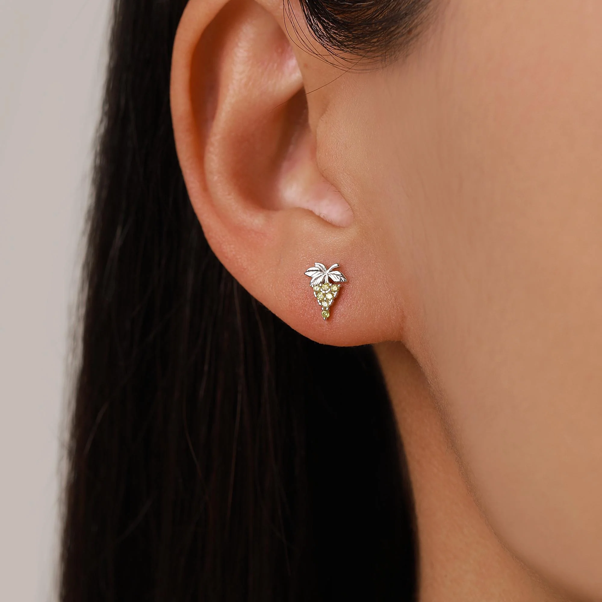 Sterling Silver Green Grape and Leaf CZ Stud Earrings - Image 2
