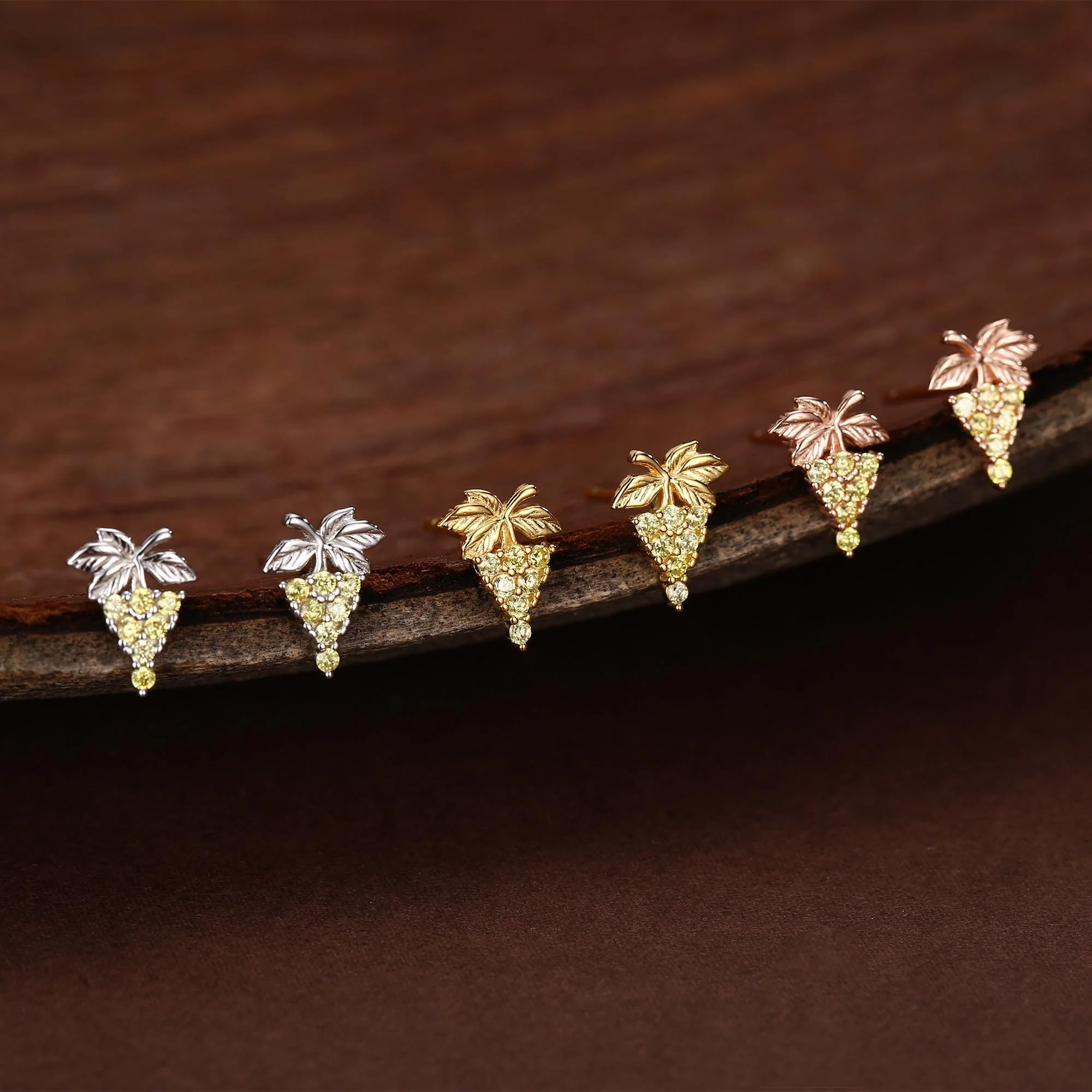 Sterling Silver Green Grape and Leaf CZ Stud Earrings - Image 3