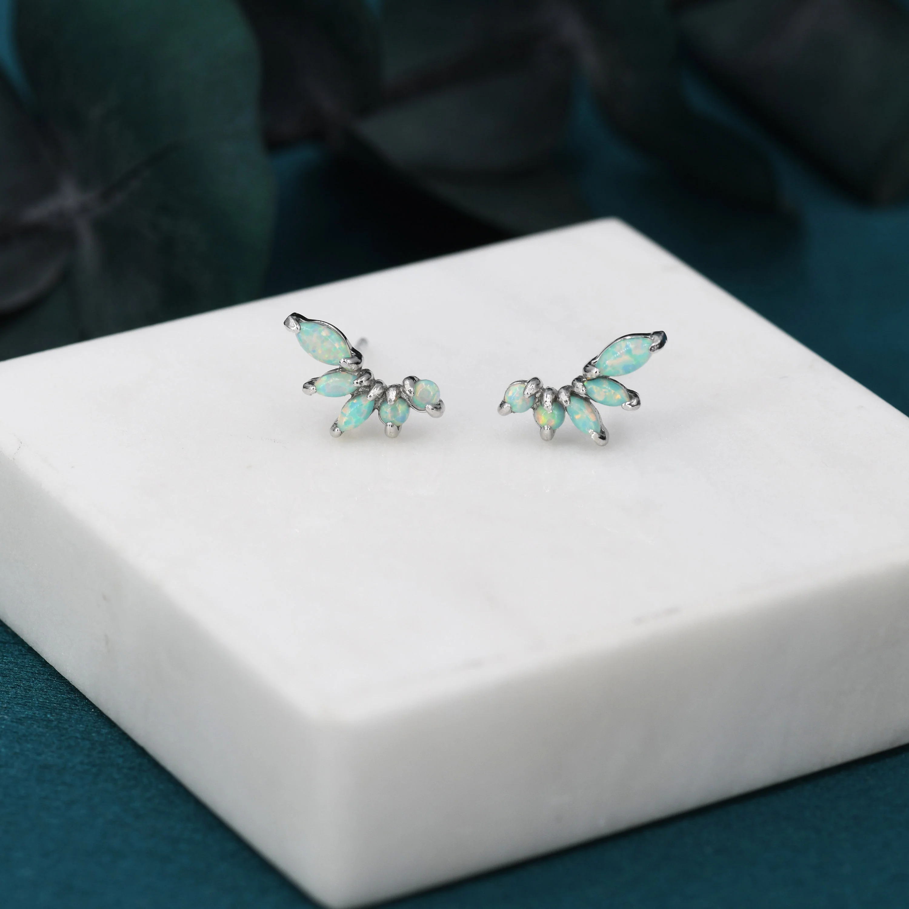 Sterling Silver Green Opal Marquise Cluster Stud Earrings, Silver and Gold, Opal Earrings, Lab Opal Mini Crawler Earrings, Minimalist - Image 8
