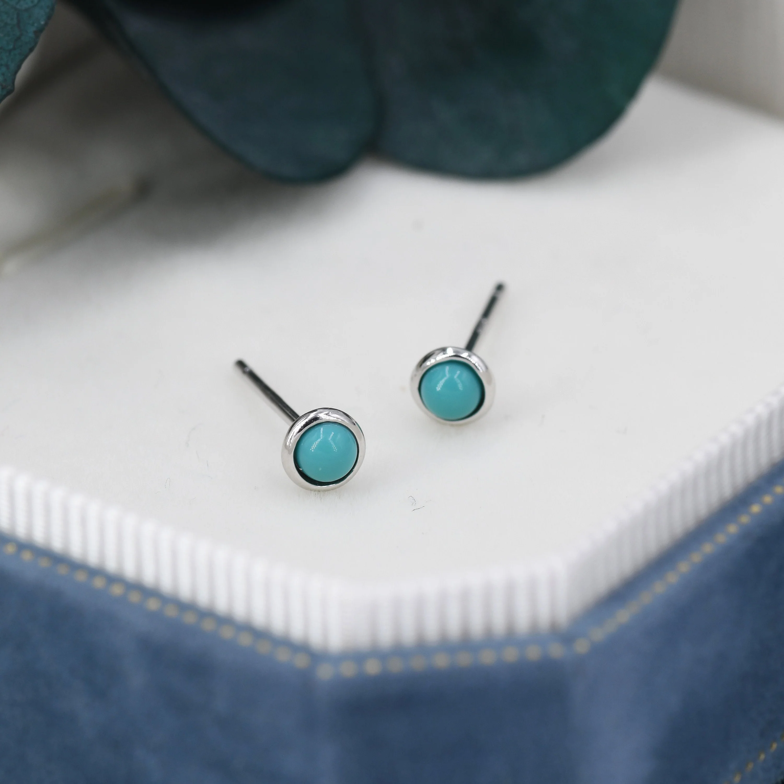 Sterling Silver Green Turquoise Stud Earrings, 3mm, Genuine Turquoise Gemstone Stud, Bezel, Minimalist Style, December Birthstone - Image 2