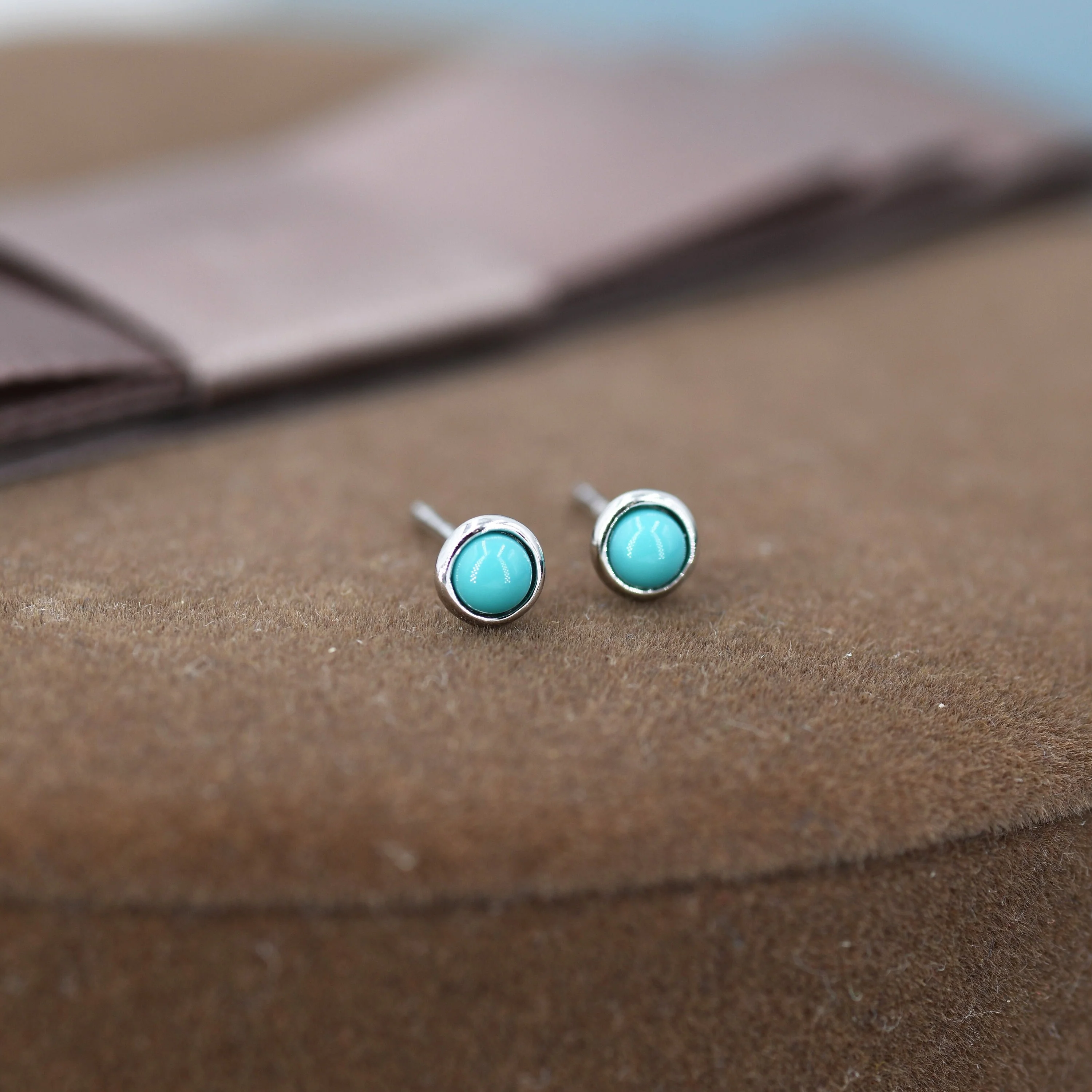 Sterling Silver Green Turquoise Stud Earrings, 3mm, Genuine Turquoise Gemstone Stud, Bezel, Minimalist Style, December Birthstone - Image 3