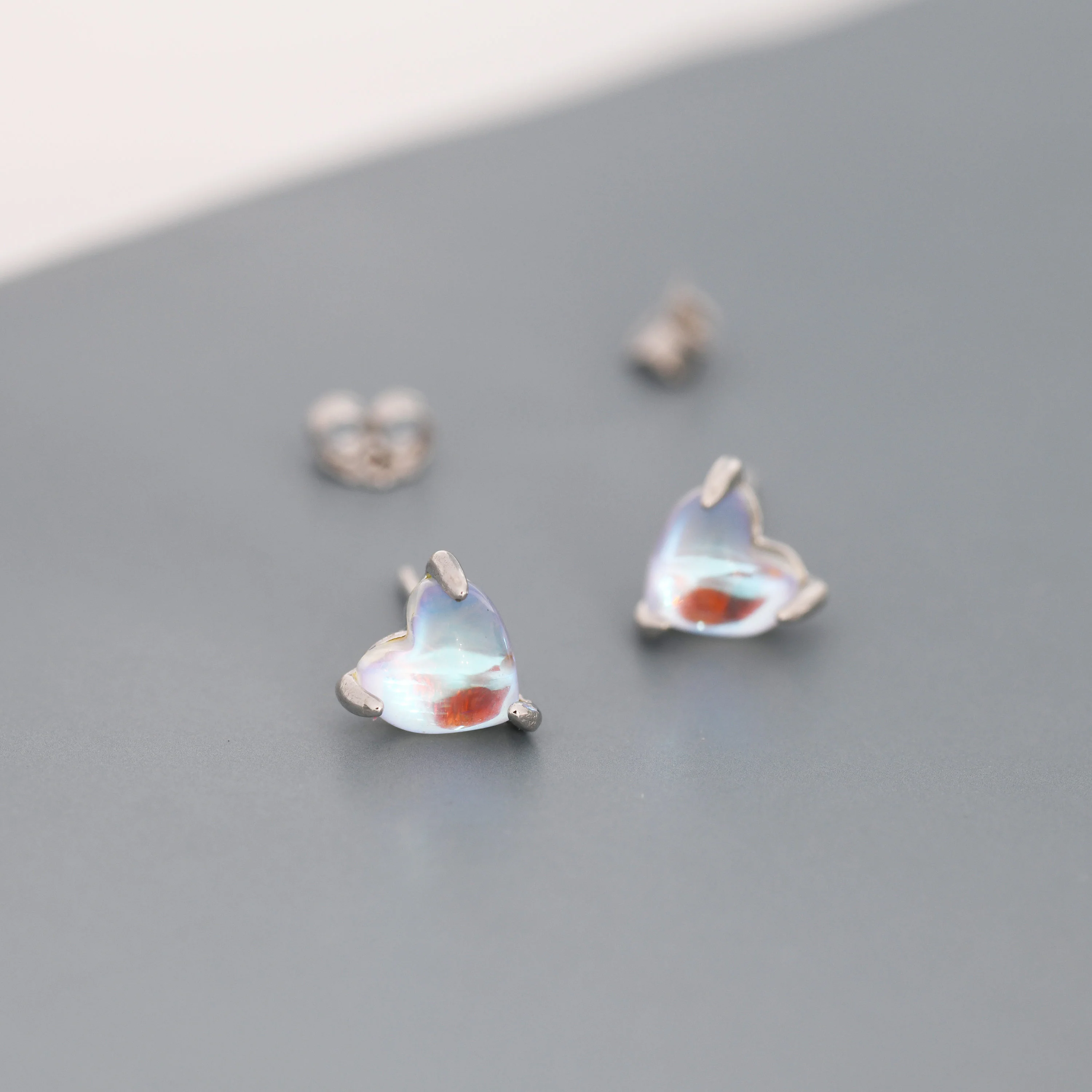 Sterling Silver Heart Shape Moonstone Stud Earrings, Prong Set, Simulated Moonstone Earrings, Minimalist - Image 2