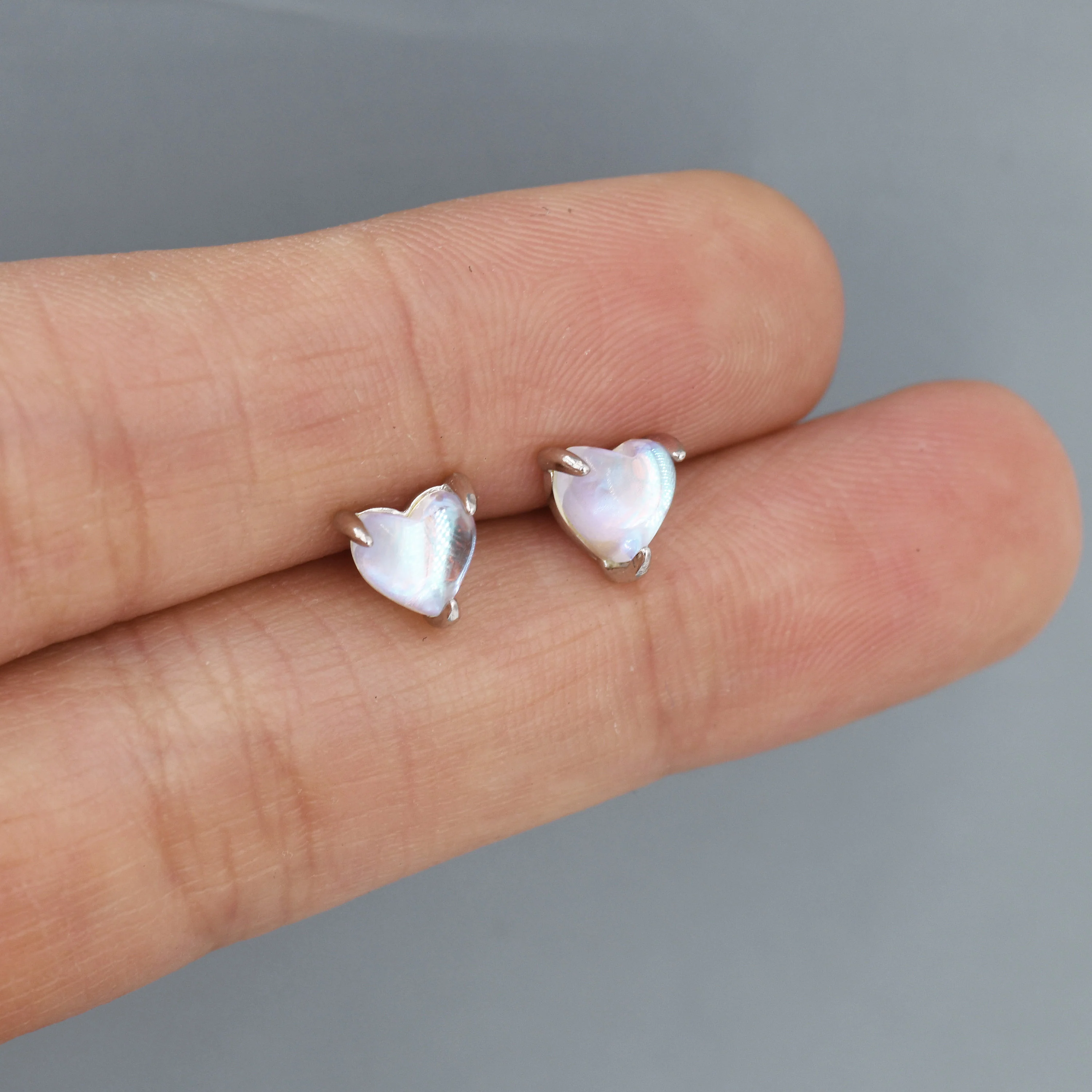 Sterling Silver Heart Shape Moonstone Stud Earrings, Prong Set, Simulated Moonstone Earrings, Minimalist - Image 3