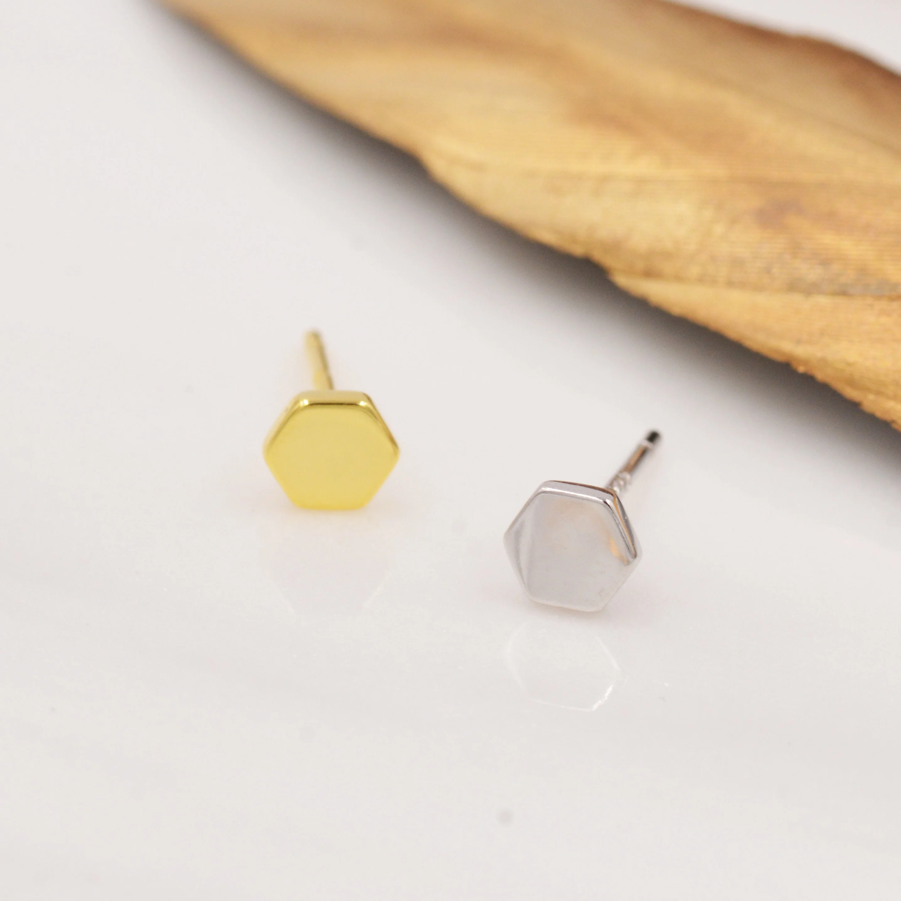 Sterling Silver Hexagon Geometry Stud Earrings, Silver or Gold, Minimalist Geometric Design, Anti-Tarnish Finish - Image 2