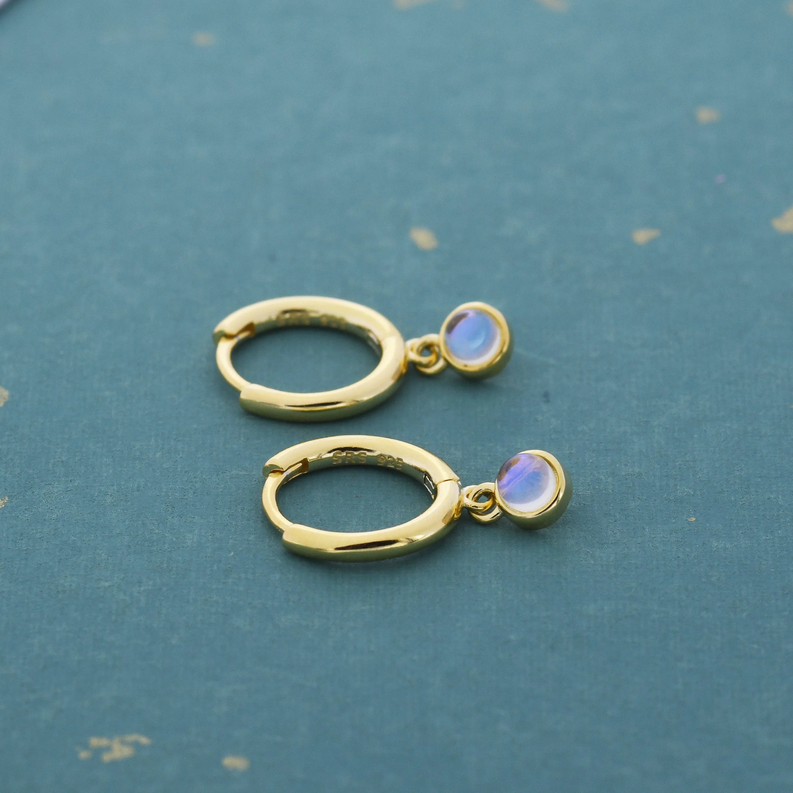 Sterling Silver Hoops with Tiny Dangling 3mm Moonstone, Very Small Lab Moonstone Charm Dangle Hoop Earrings, Silver or Gold - Image 3