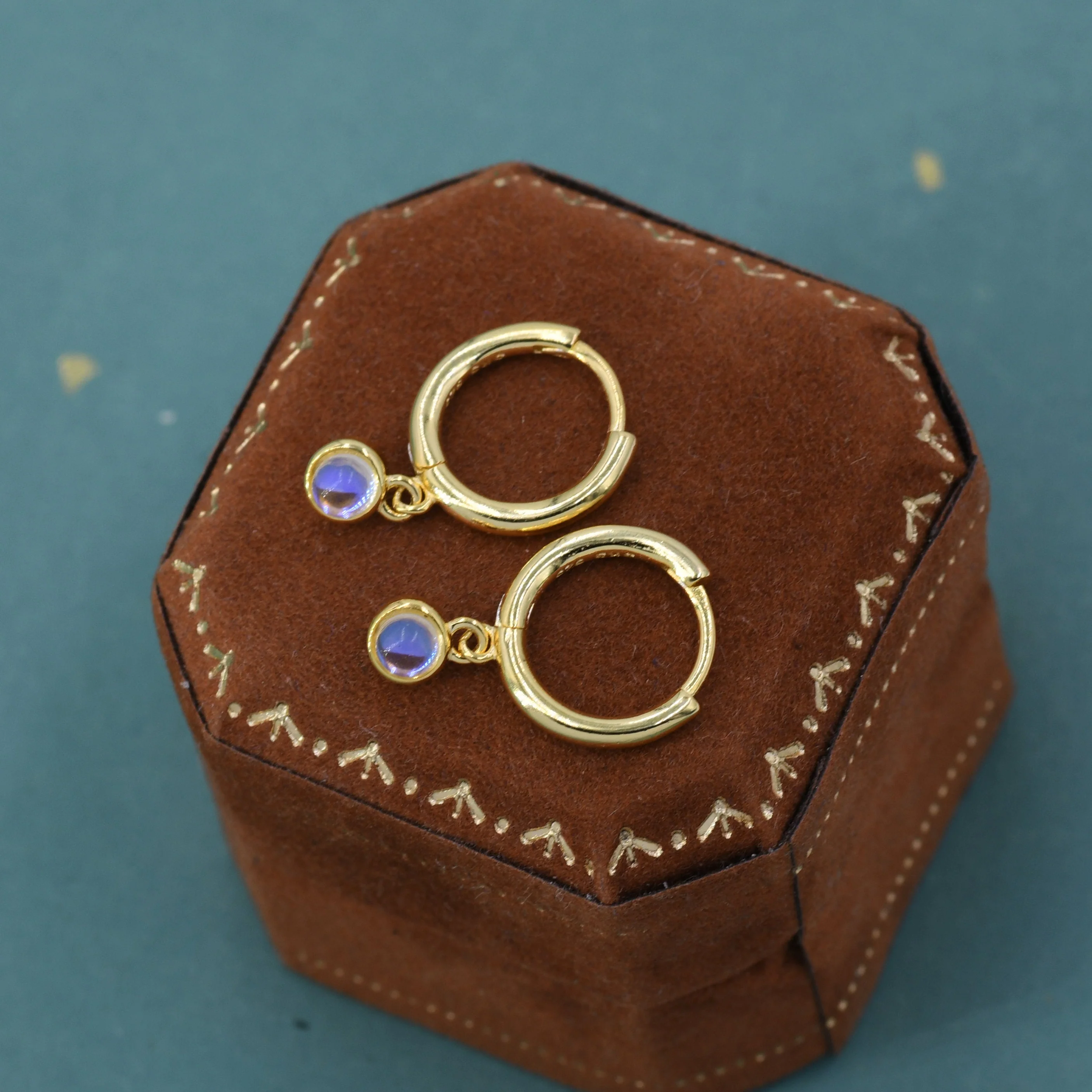 Sterling Silver Hoops with Tiny Dangling 3mm Moonstone, Very Small Lab Moonstone Charm Dangle Hoop Earrings, Silver or Gold - Image 6