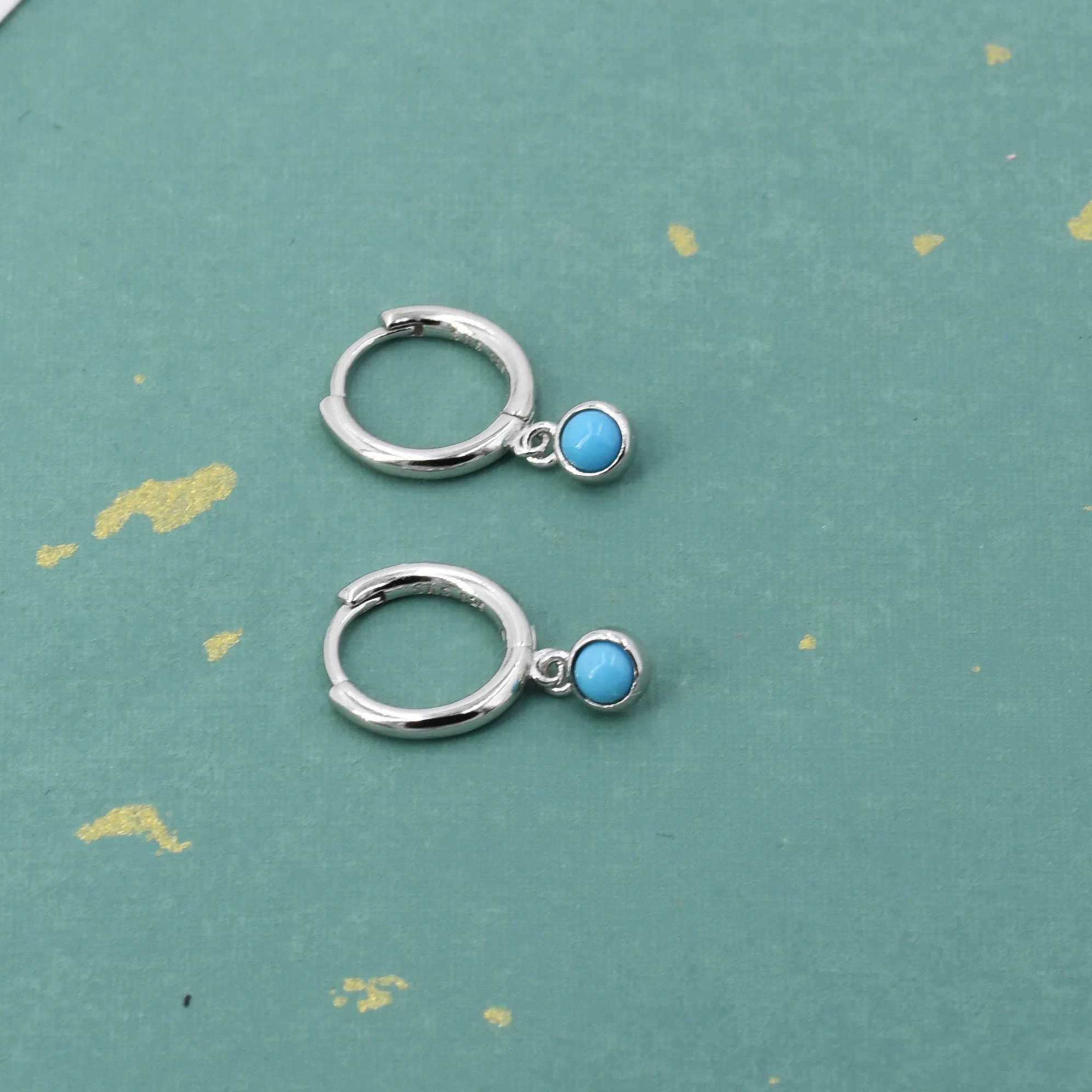 Sterling Silver Hoops with Tiny Dangling 3mm Turquoise, Very Small Turquoise Charm Dangle Hoop Earrings, Silver or Gold - Image 2