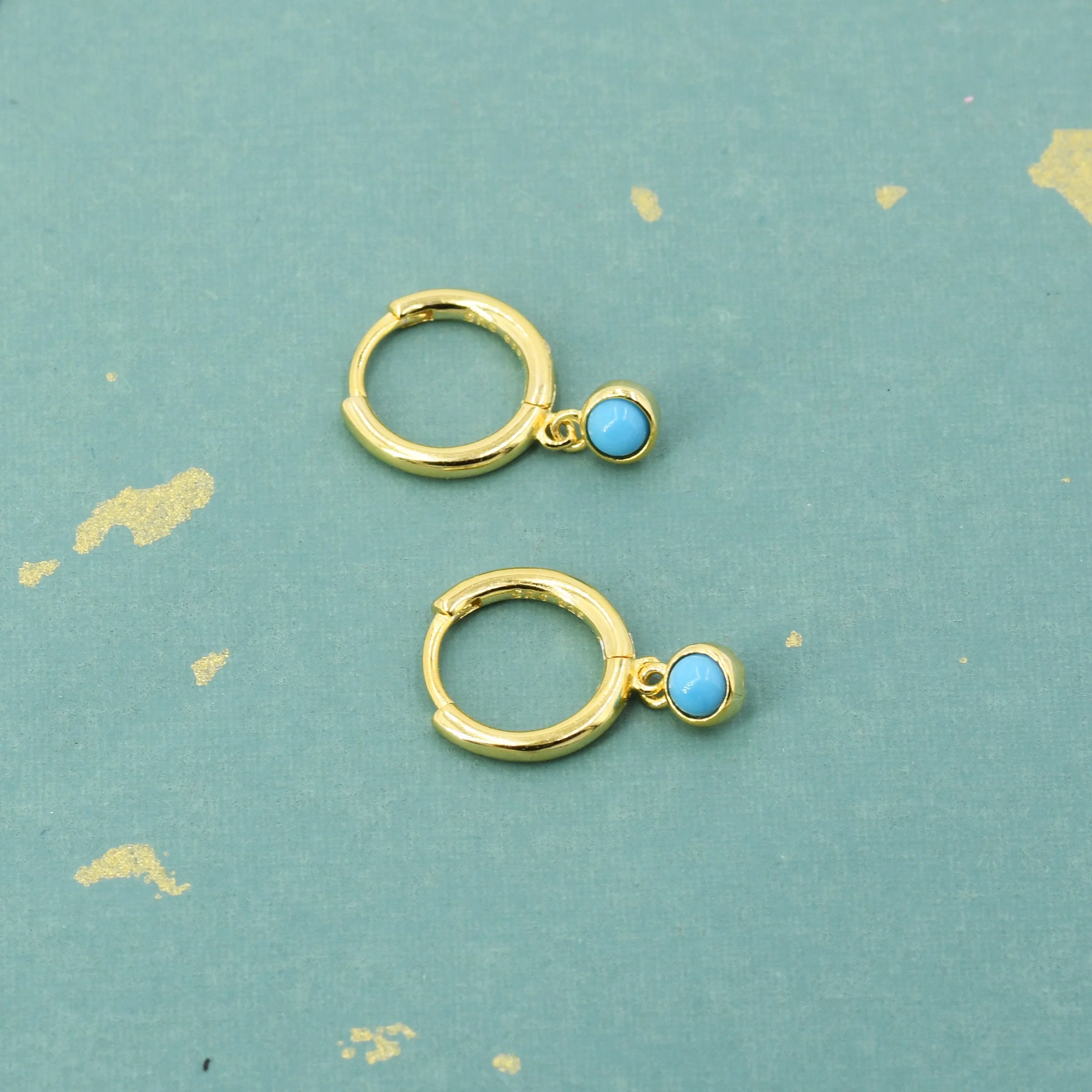 Sterling Silver Hoops with Tiny Dangling 3mm Turquoise, Very Small Turquoise Charm Dangle Hoop Earrings, Silver or Gold - Image 3