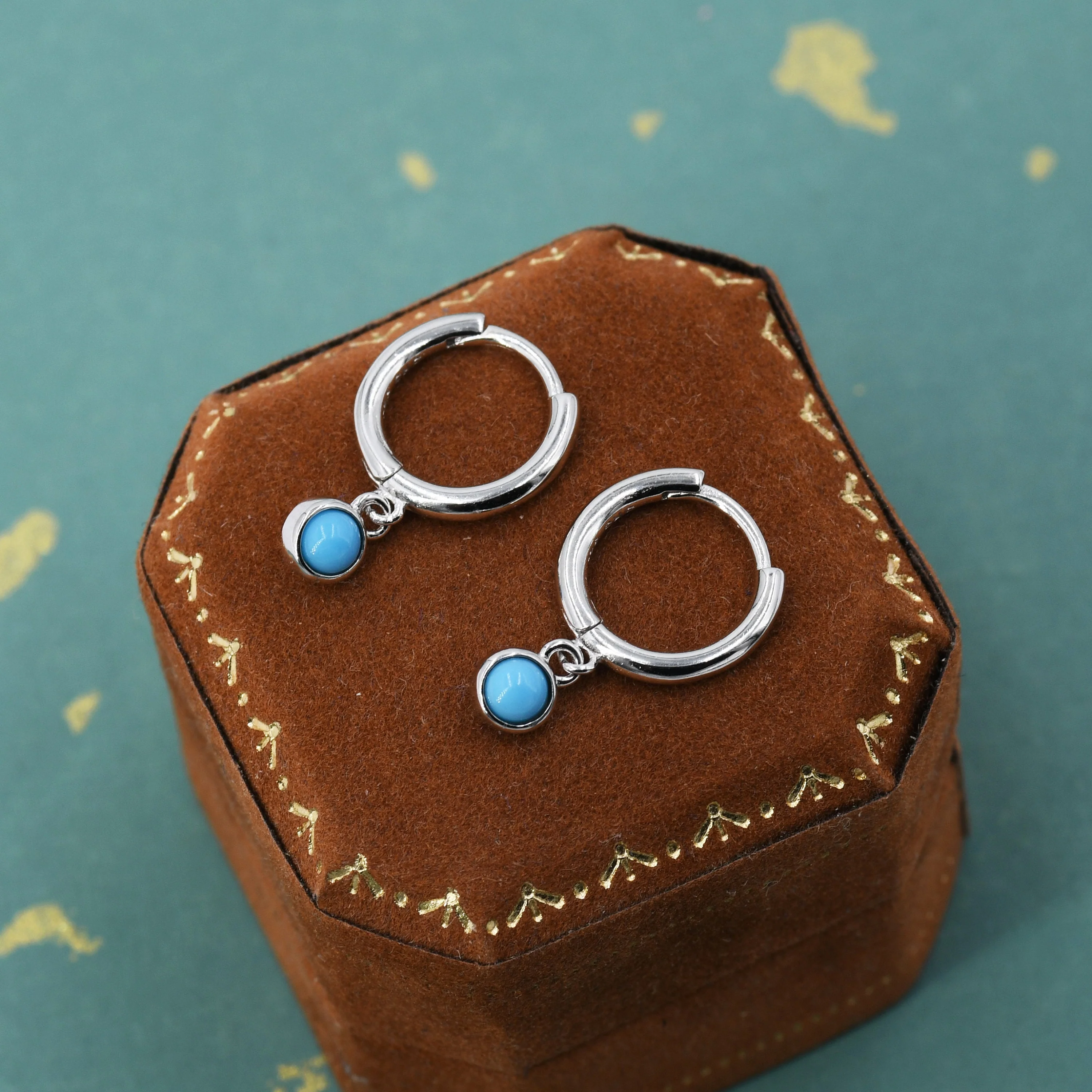 Sterling Silver Hoops with Tiny Dangling 3mm Turquoise, Very Small Turquoise Charm Dangle Hoop Earrings, Silver or Gold - Image 5