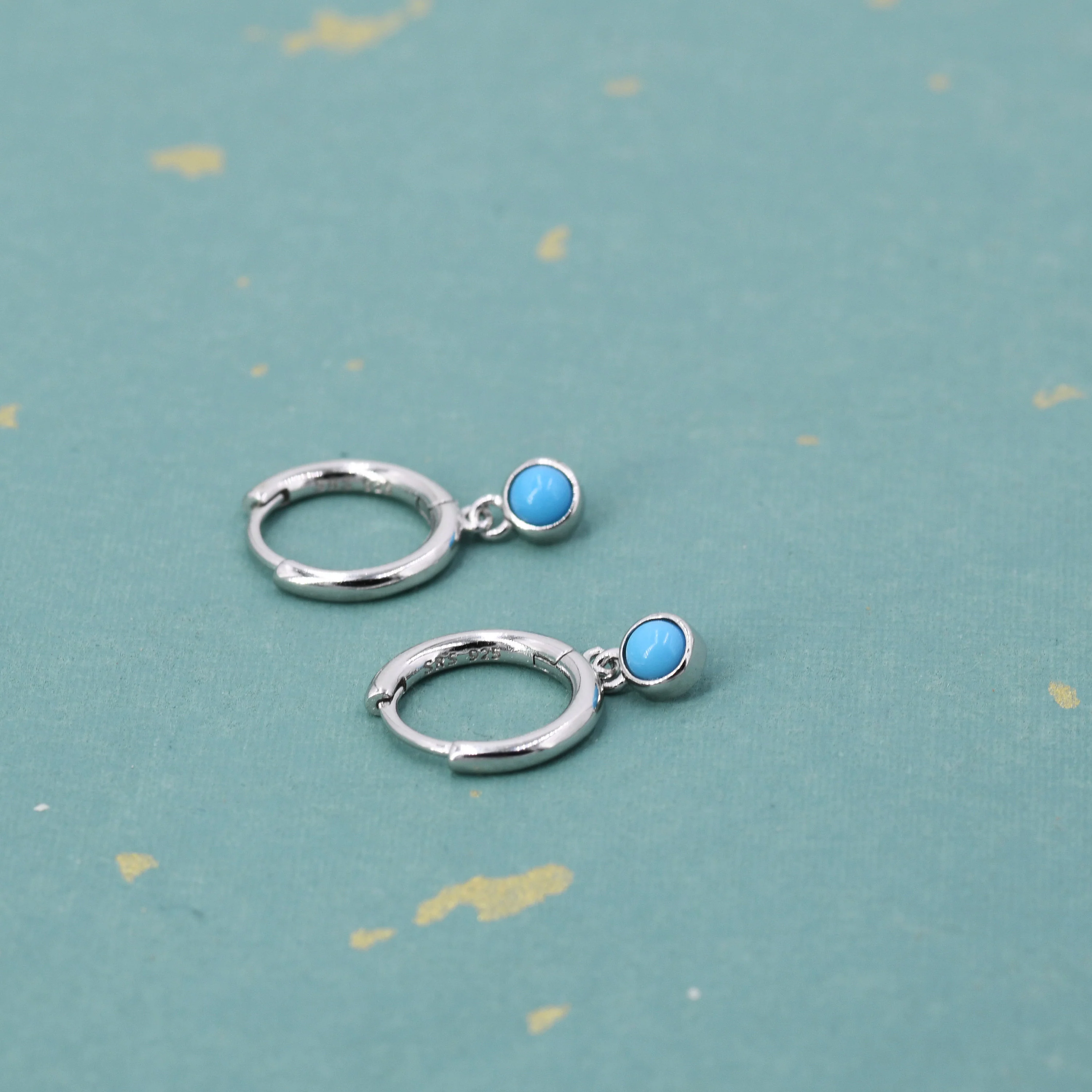 Sterling Silver Hoops with Tiny Dangling 3mm Turquoise, Very Small Turquoise Charm Dangle Hoop Earrings, Silver or Gold - Image 6