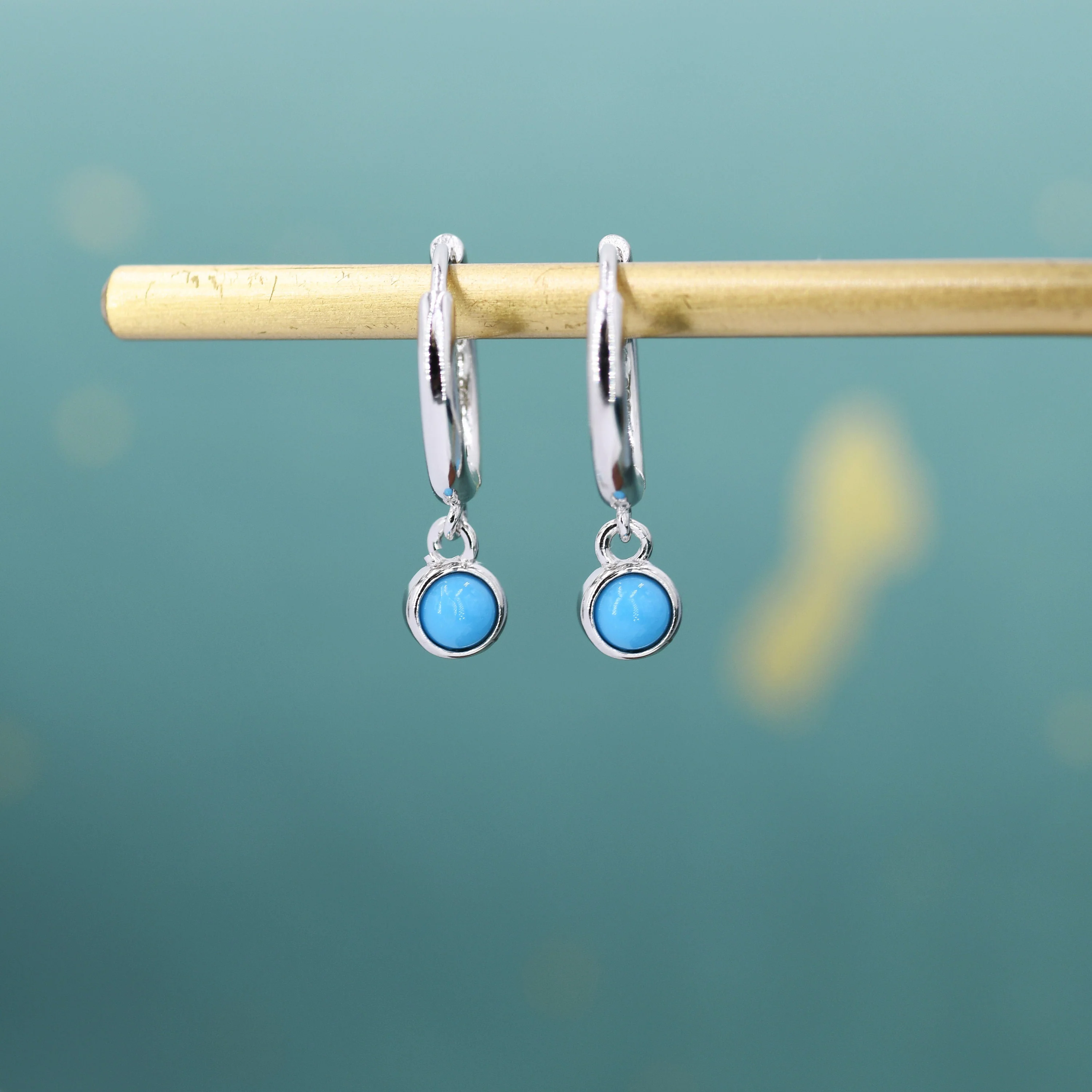 Sterling Silver Hoops with Tiny Dangling 3mm Turquoise, Very Small Turquoise Charm Dangle Hoop Earrings, Silver or Gold - Image 7