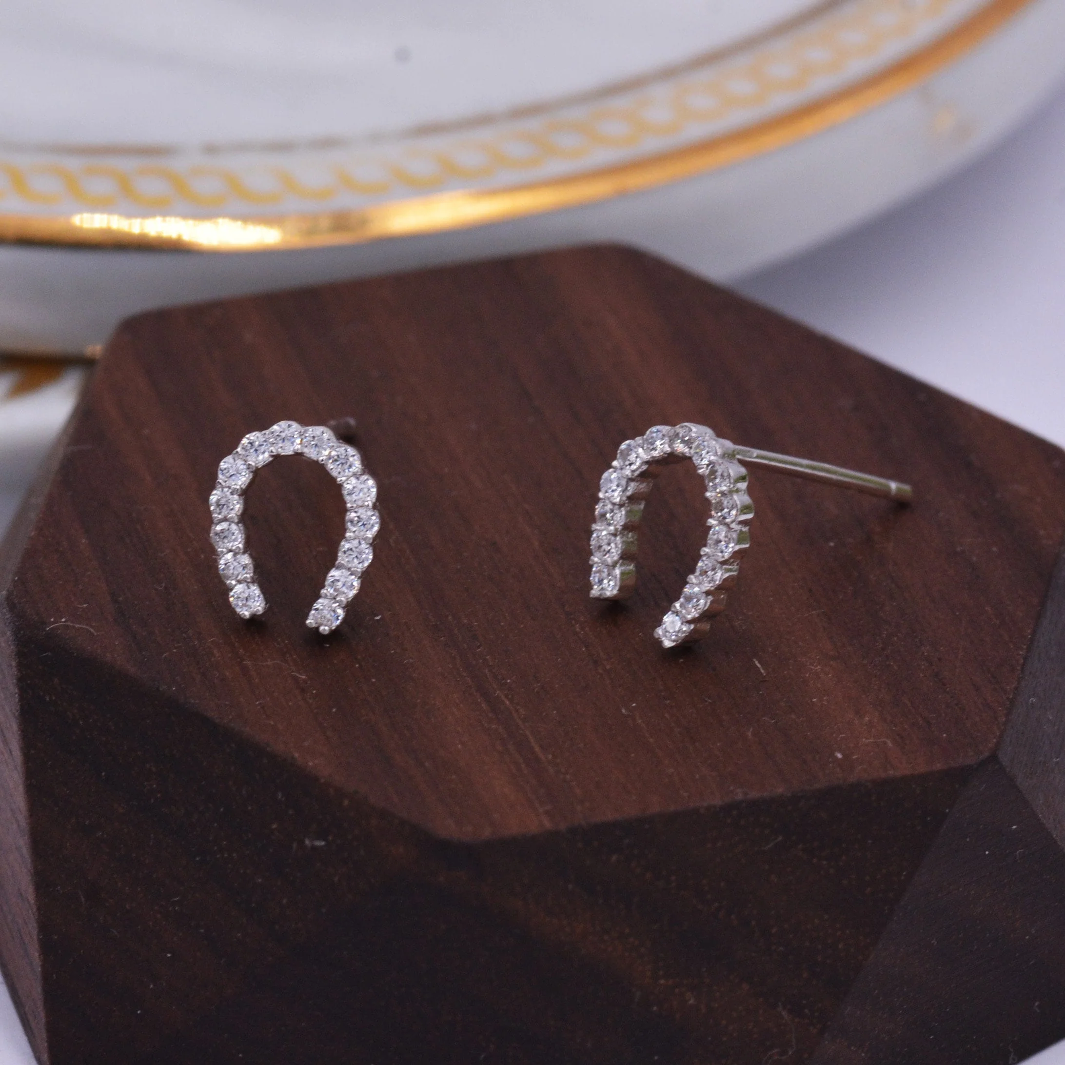 Sterling Silver Horseshoe Stud Earrings with Sparkling CZ Crystals, Fun and Quirky, Jewellery for Good Luck - Image 7