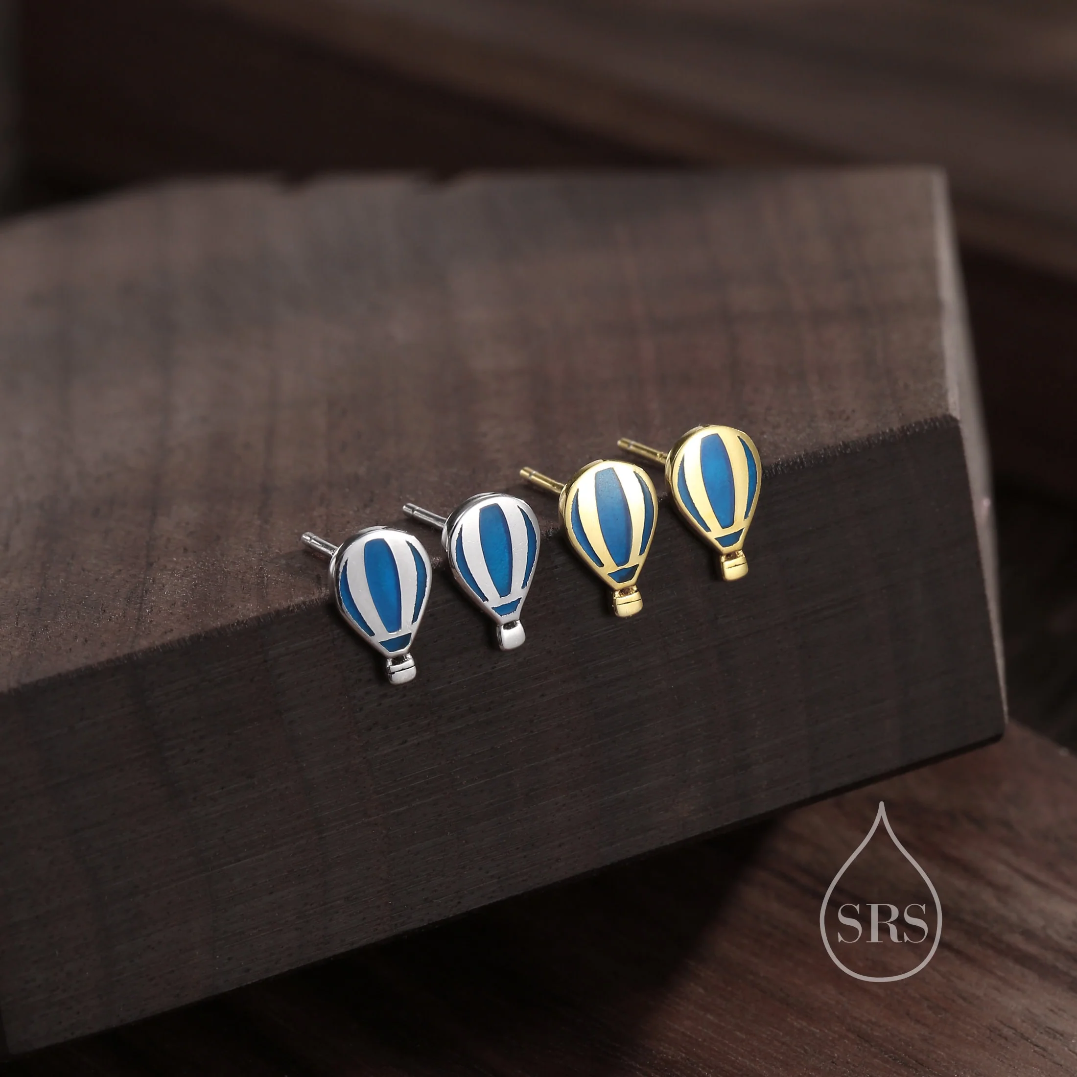 Sterling Silver Hot Air Balloon Stud Earrings, Silver or Gold, Small Hot Air Balloon Earrings with Hand Painted Blue Enamel - Image 4