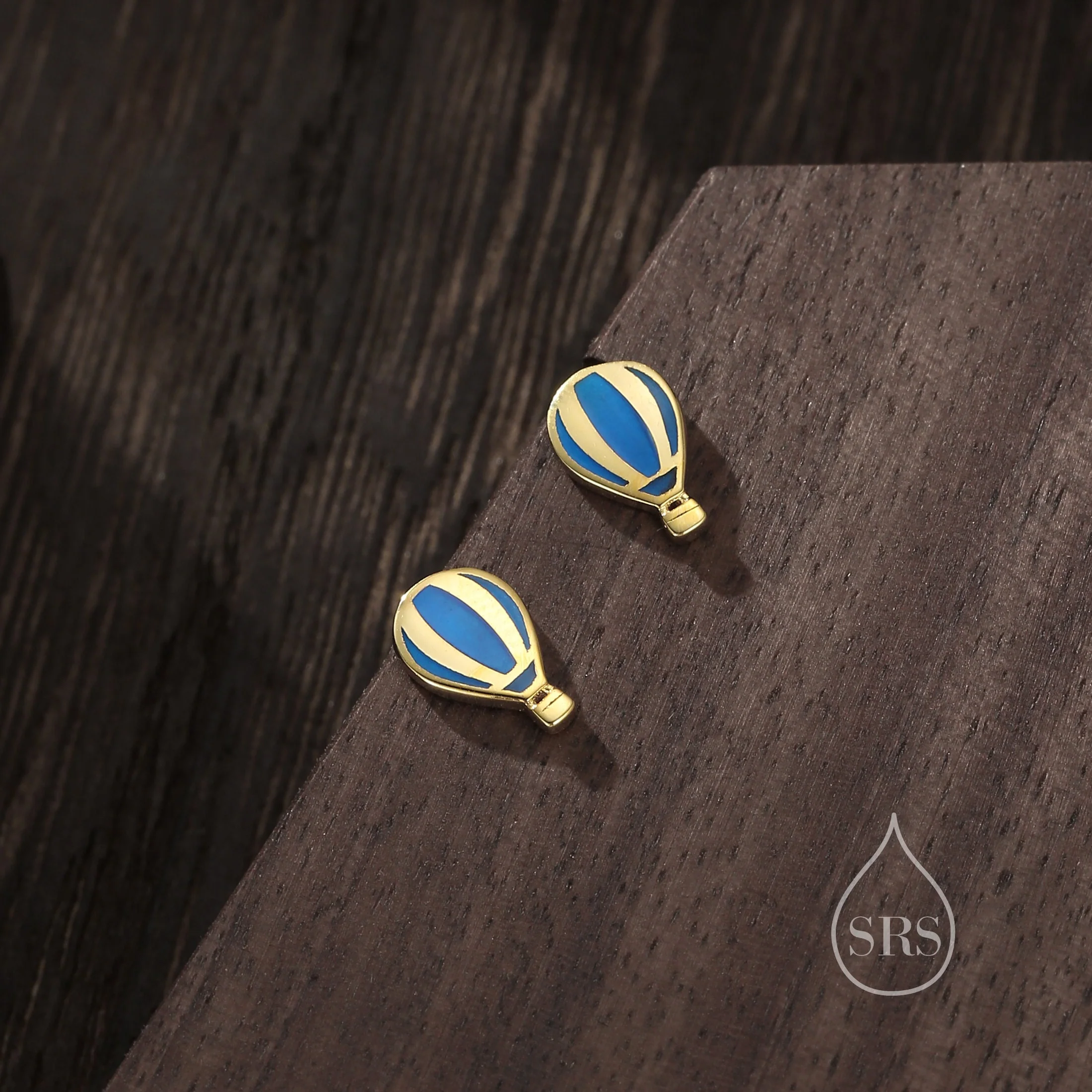 Sterling Silver Hot Air Balloon Stud Earrings, Silver or Gold, Small Hot Air Balloon Earrings with Hand Painted Blue Enamel - Image 5