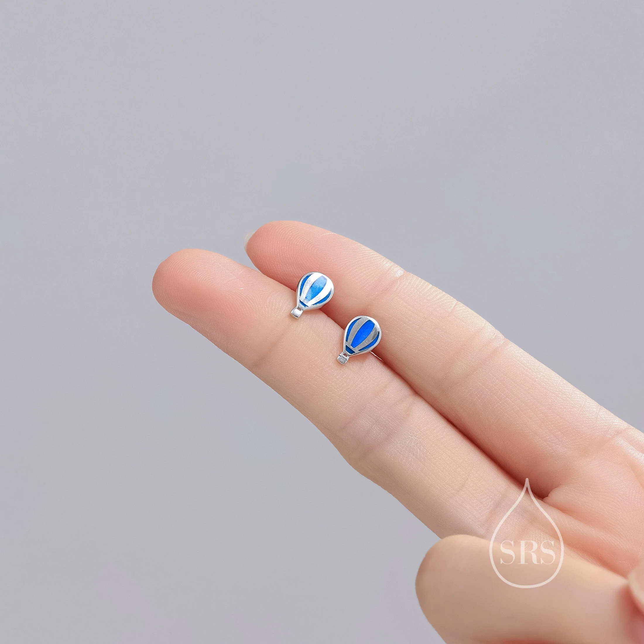 Sterling Silver Hot Air Balloon Stud Earrings, Silver or Gold, Small Hot Air Balloon Earrings with Hand Painted Blue Enamel - Image 7