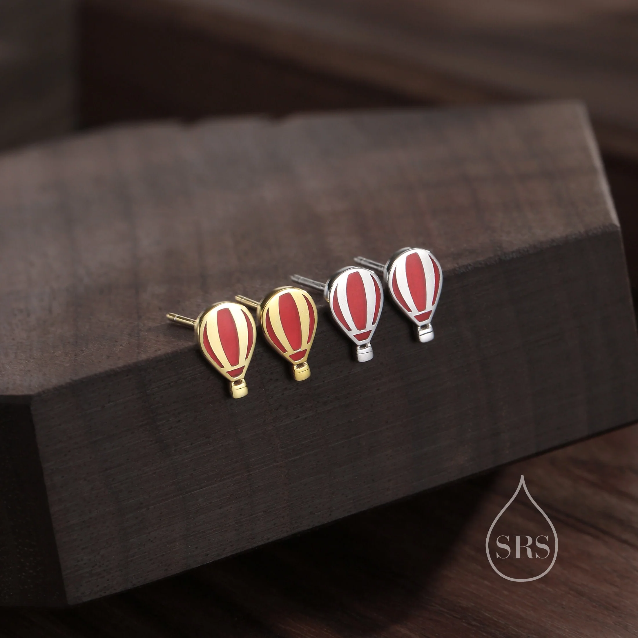 Sterling Silver Hot Air Balloon Stud Earrings, Silver or Gold, Small Hot Air Balloon Earrings with Hand Painted Red Enamel - Image 2