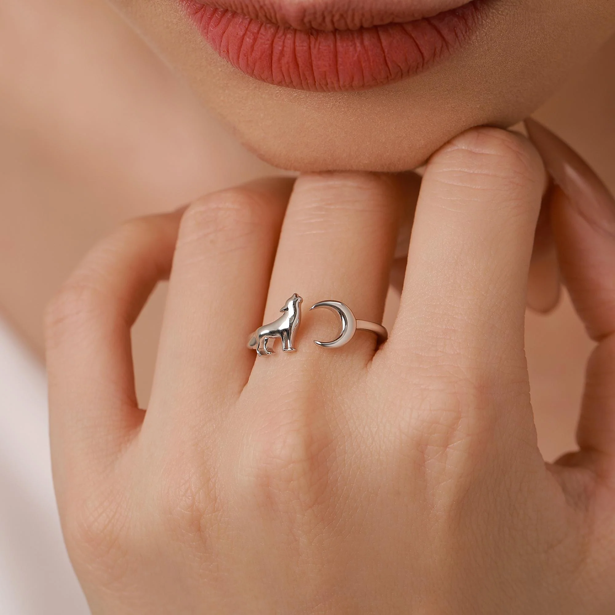 Sterling Silver Howling Wolf and Moon Adjustable Ring - Image 8