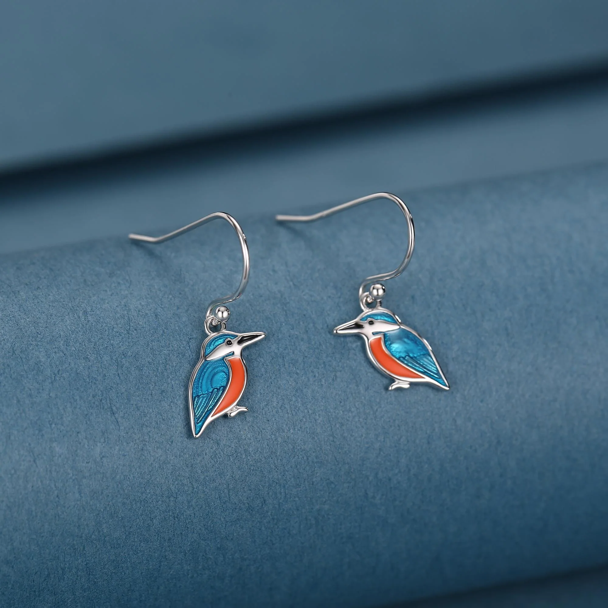 Sterling Silver Kingfisher Enamel Drop Earrings - Image 2