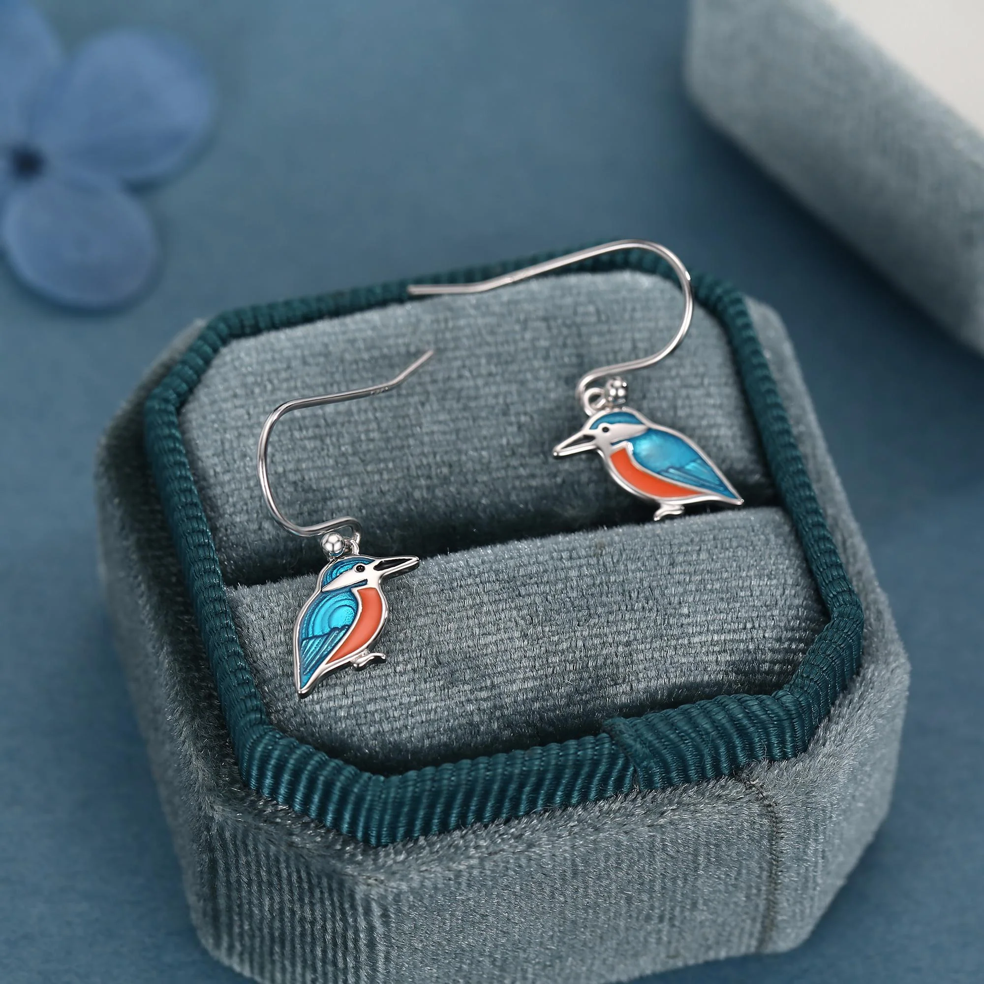 Sterling Silver Kingfisher Enamel Drop Earrings - Image 5