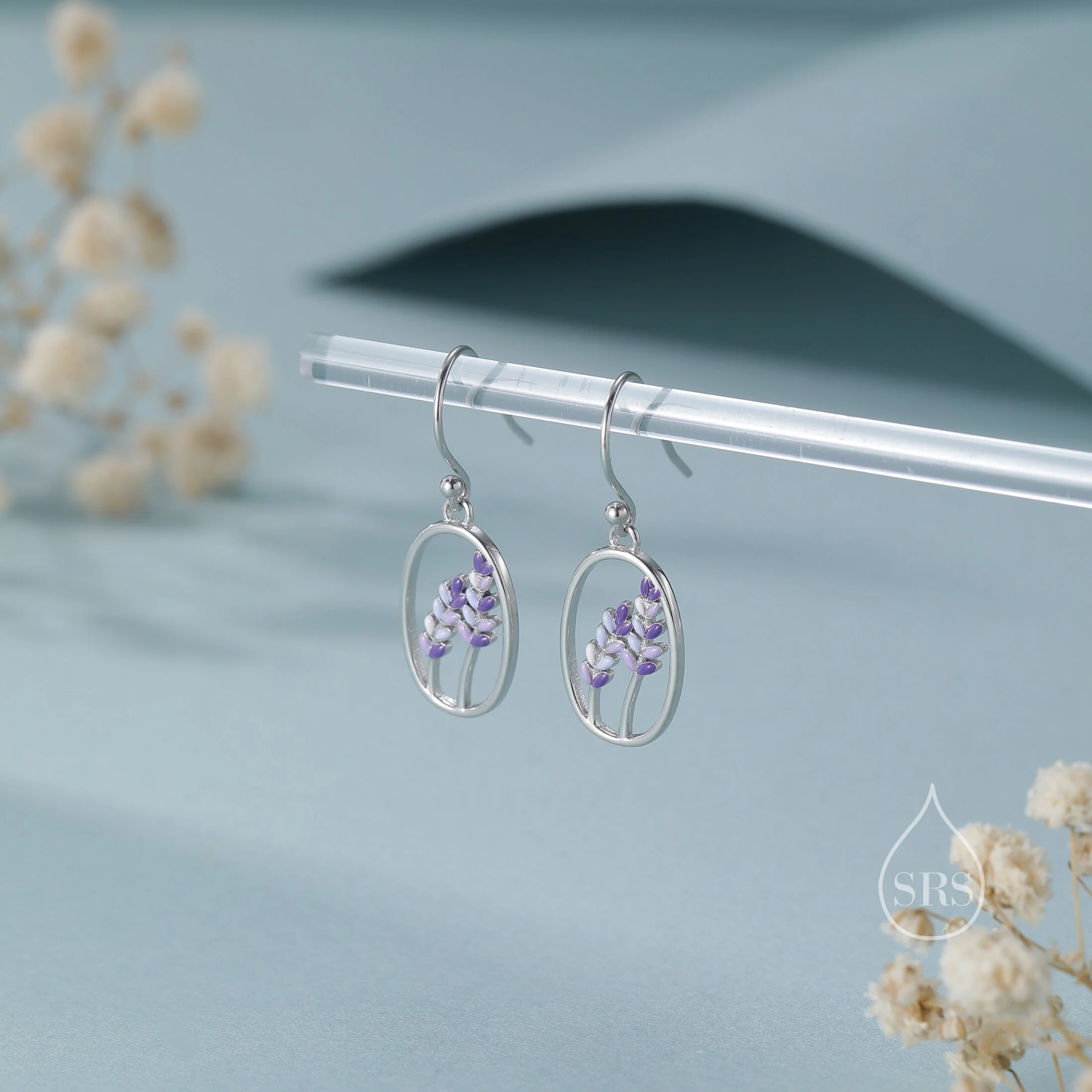 Sterling Silver Lavender Drop Hook Earrings, Handpainted Enamel Lavender Earrings, Silver or Gold, Purple Lavender Earrings - Image 2