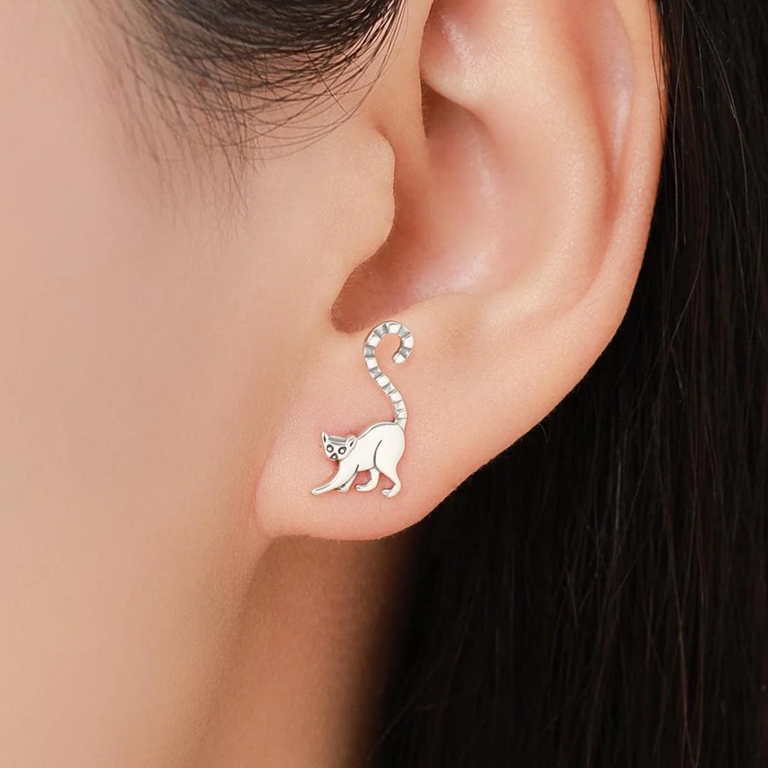 Sterling Silver Lemur Earrings | Minimalist Animal Studs | Jungle Cat Earrings | Silver Rain Silver Jewellery - Image 2