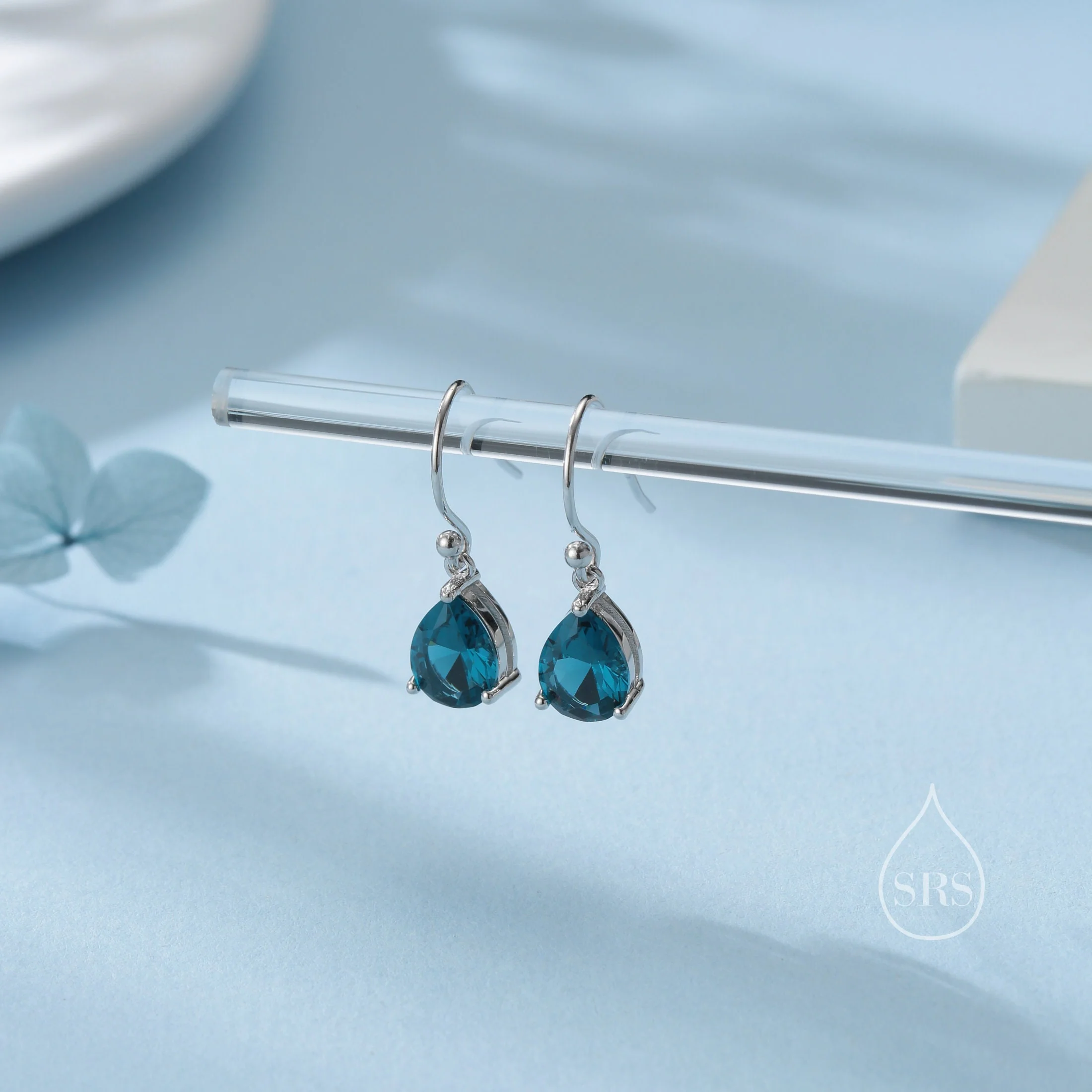 Sterling Silver London Blue CZ Droplet Drop Earrings in Sterling Silver, Silver or Gold, Pear Shape Cubic Zirconia Hook Earrings - Image 6