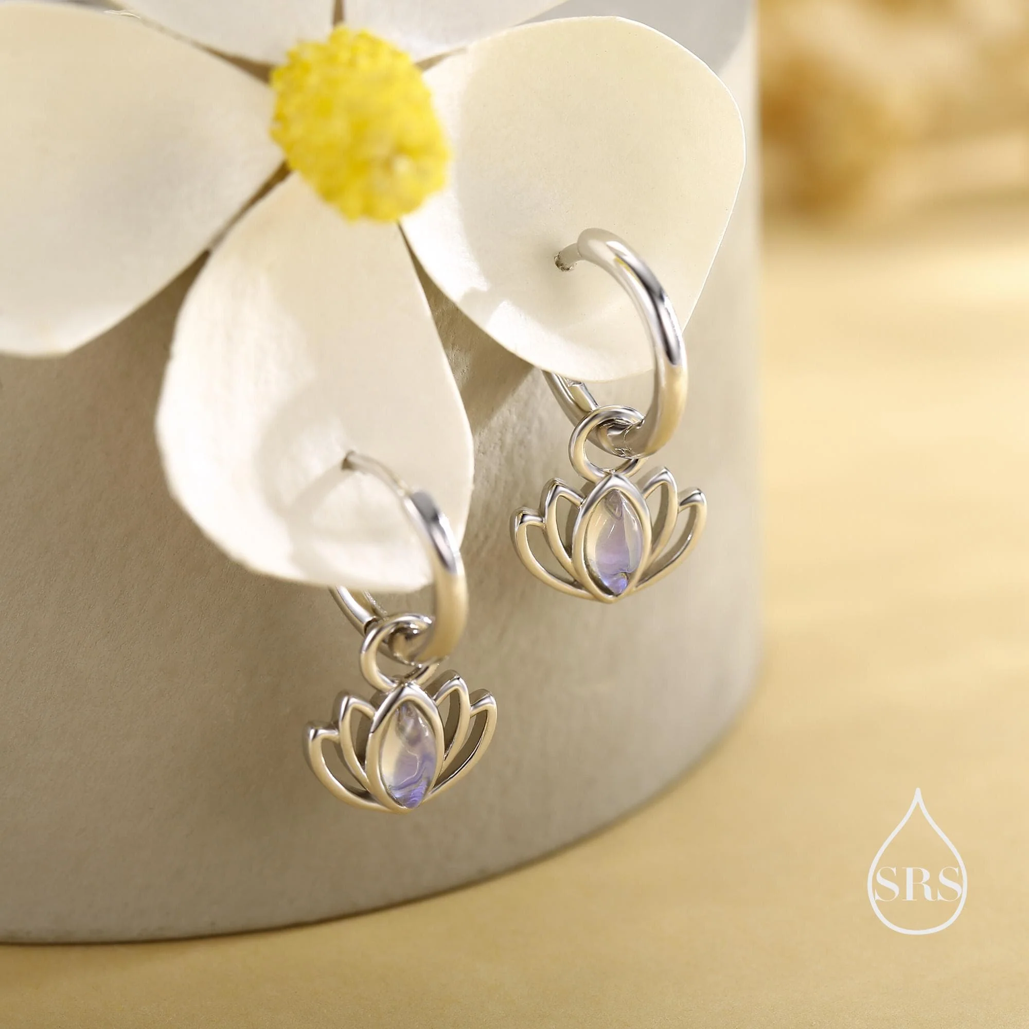 Sterling Silver Lotus Flower Huggie Hoop Earrings with Lab Moonstone, Silver or Gold or Rose Gold, Lotus Earrings, Detachable Charm Hoops - Image 2