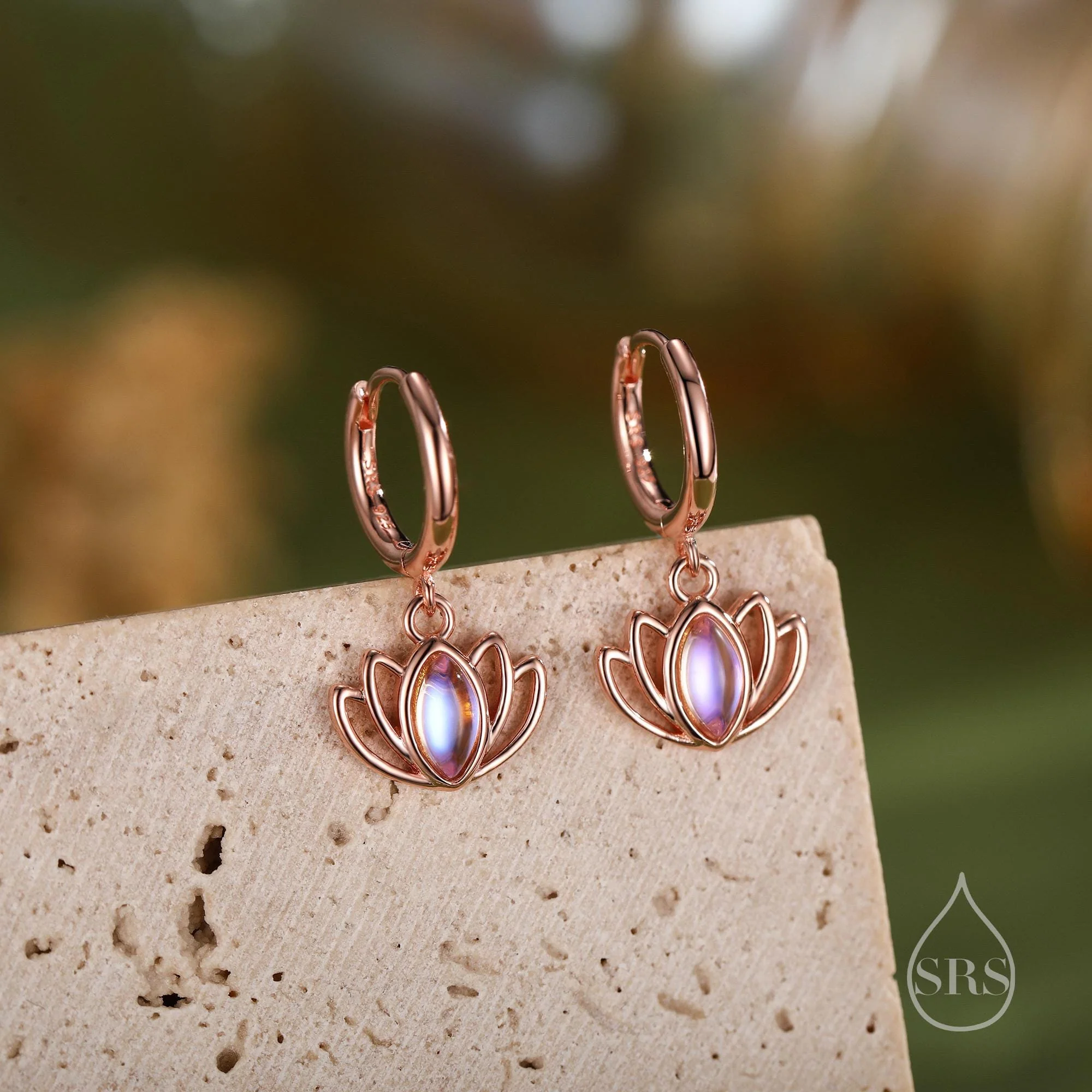 Sterling Silver Lotus Flower Huggie Hoop Earrings with Lab Moonstone, Silver or Gold or Rose Gold, Water Lily Earrings, Lotus Earrings - Image 4