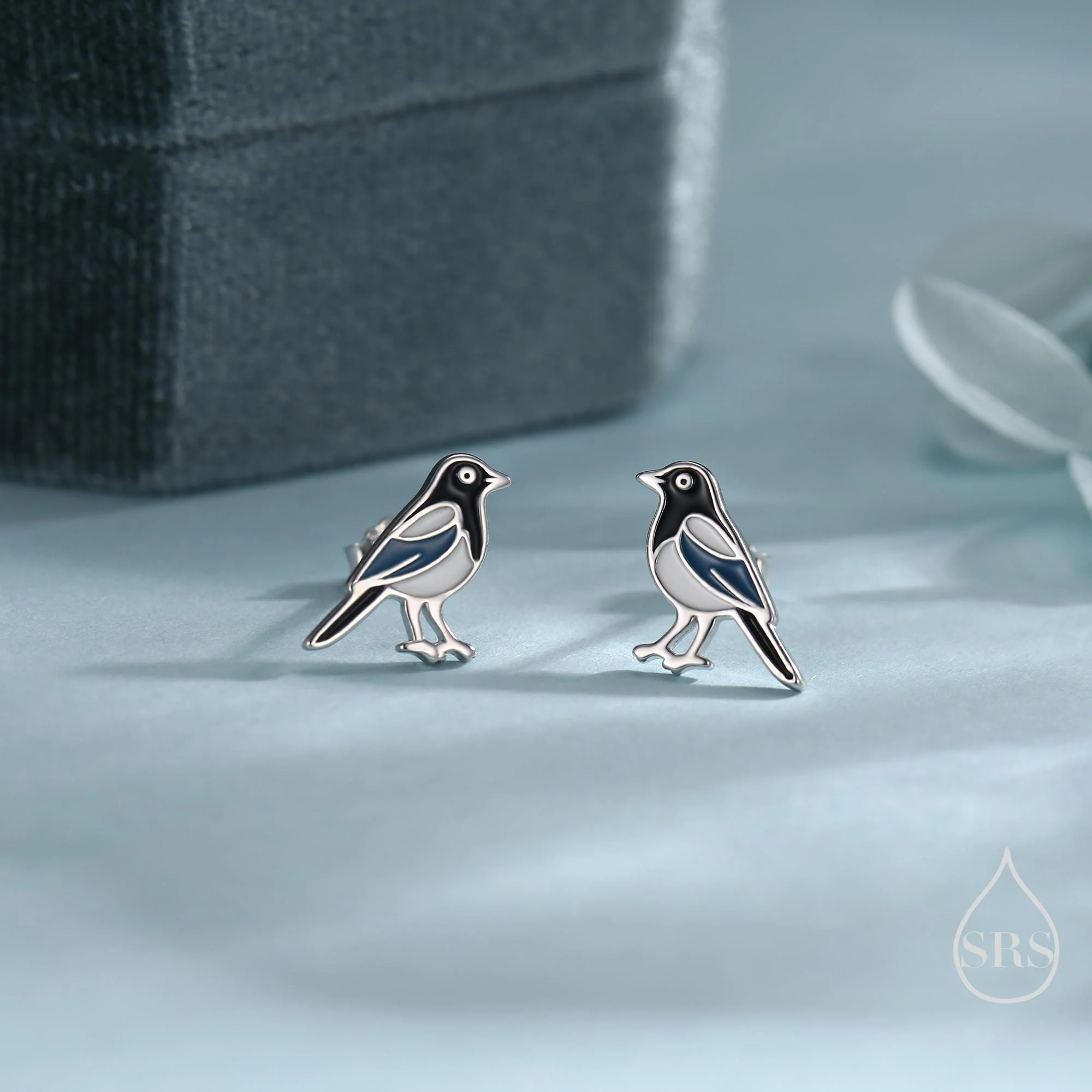Sterling Silver Magpie Bird Stud Earrings with Enamel, Magpie Bird Earrings, Nature Inspired Animal Earrings, Magpie Stud - Image 2