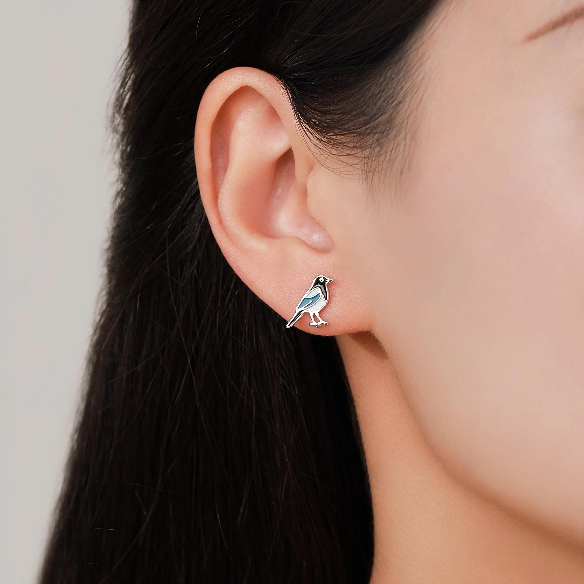 Sterling Silver Magpie Bird Stud Earrings with Enamel, Magpie Bird Earrings, Nature Inspired Animal Earrings, Magpie Stud - Image 6