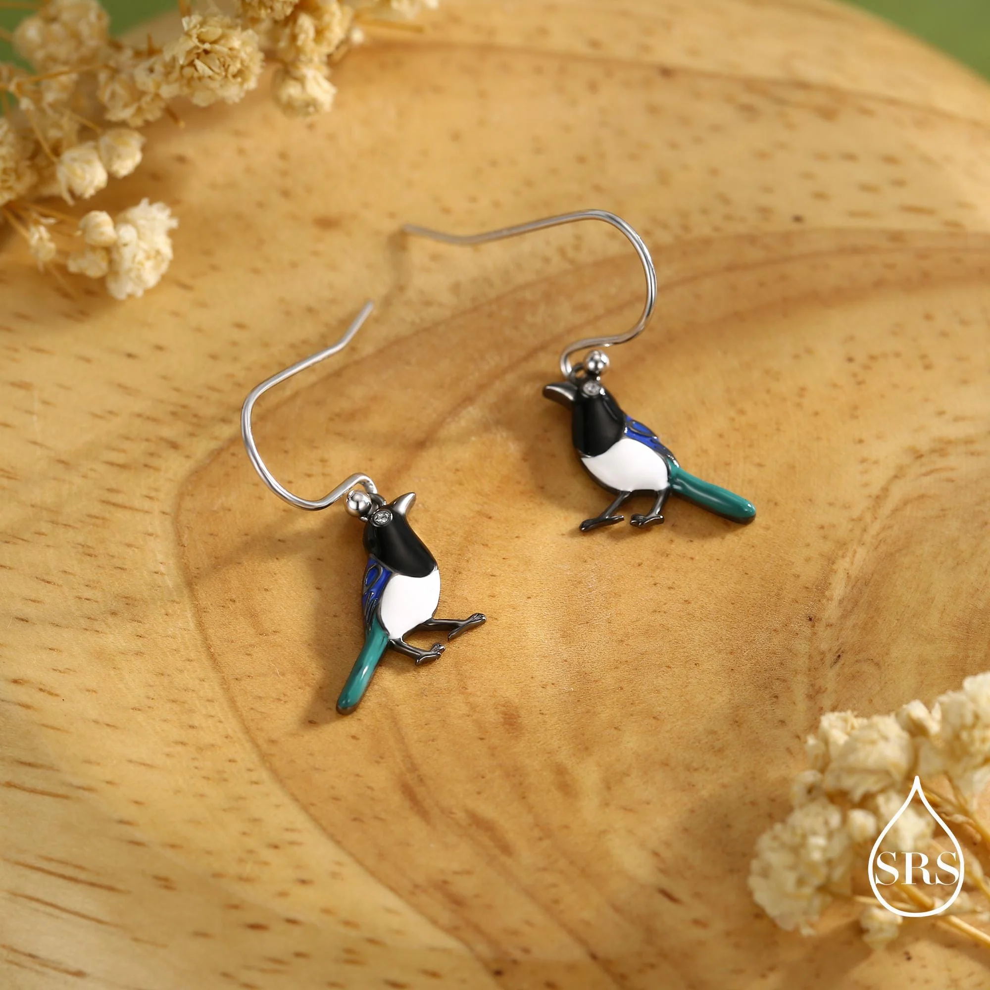 Sterling Silver Magpie Drop Hook Earrings, Enamel Coated Magpie Bird Earrings, Nature-Inspired Animal Earrings, Magpie Earrings - Image 8
