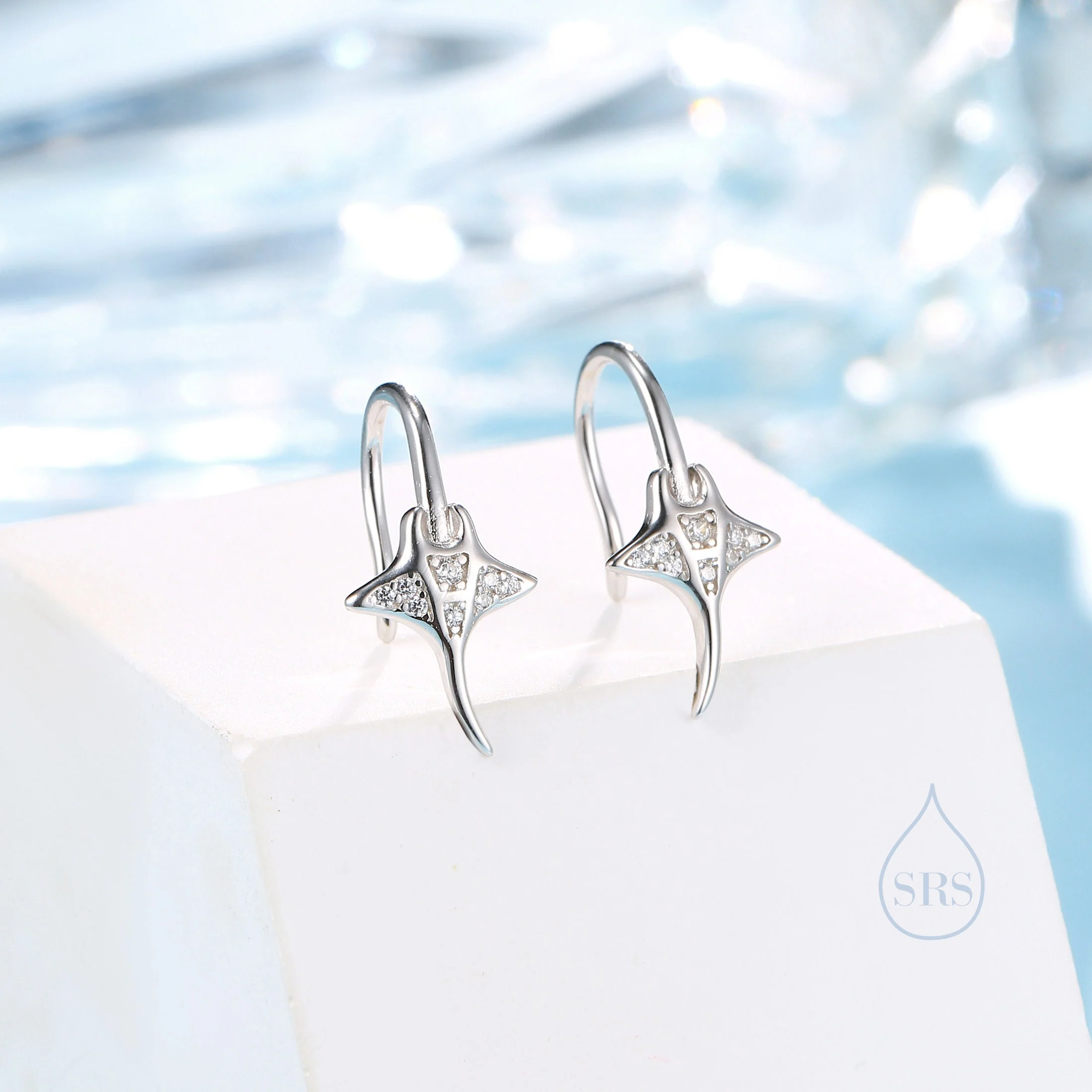 Sterling Silver Manta Ray Fish Drop Hook Earrings with CZ, Stingray Dangle Hoop Earrings, Dainty Zircon Fish Dangle Earrings - Image 2