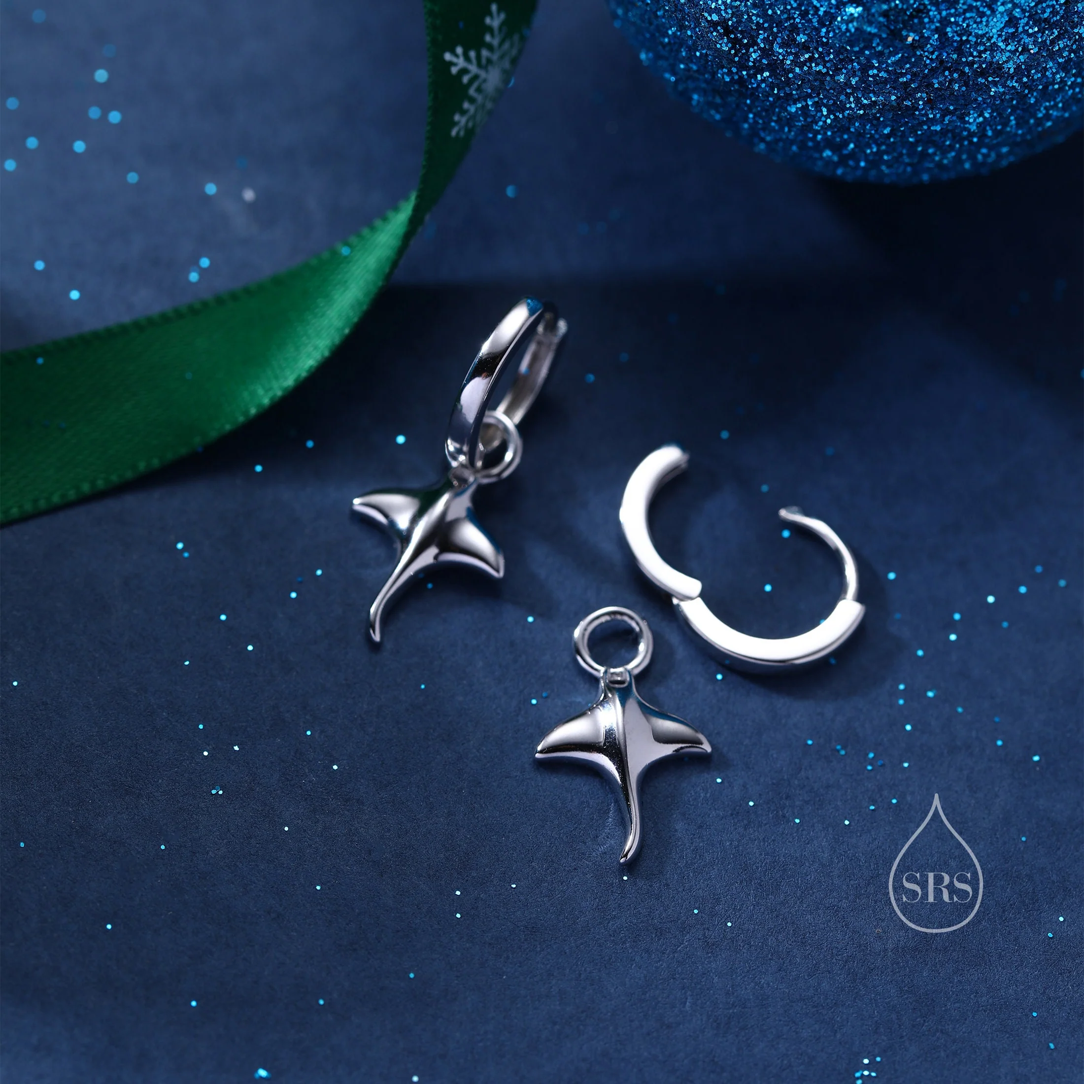 Sterling Silver Manta Ray Fish Huggie Hoop Earrings, Stingray Dangle Hoop Earrings, Dainty Fish Dangle Earrings - Image 5
