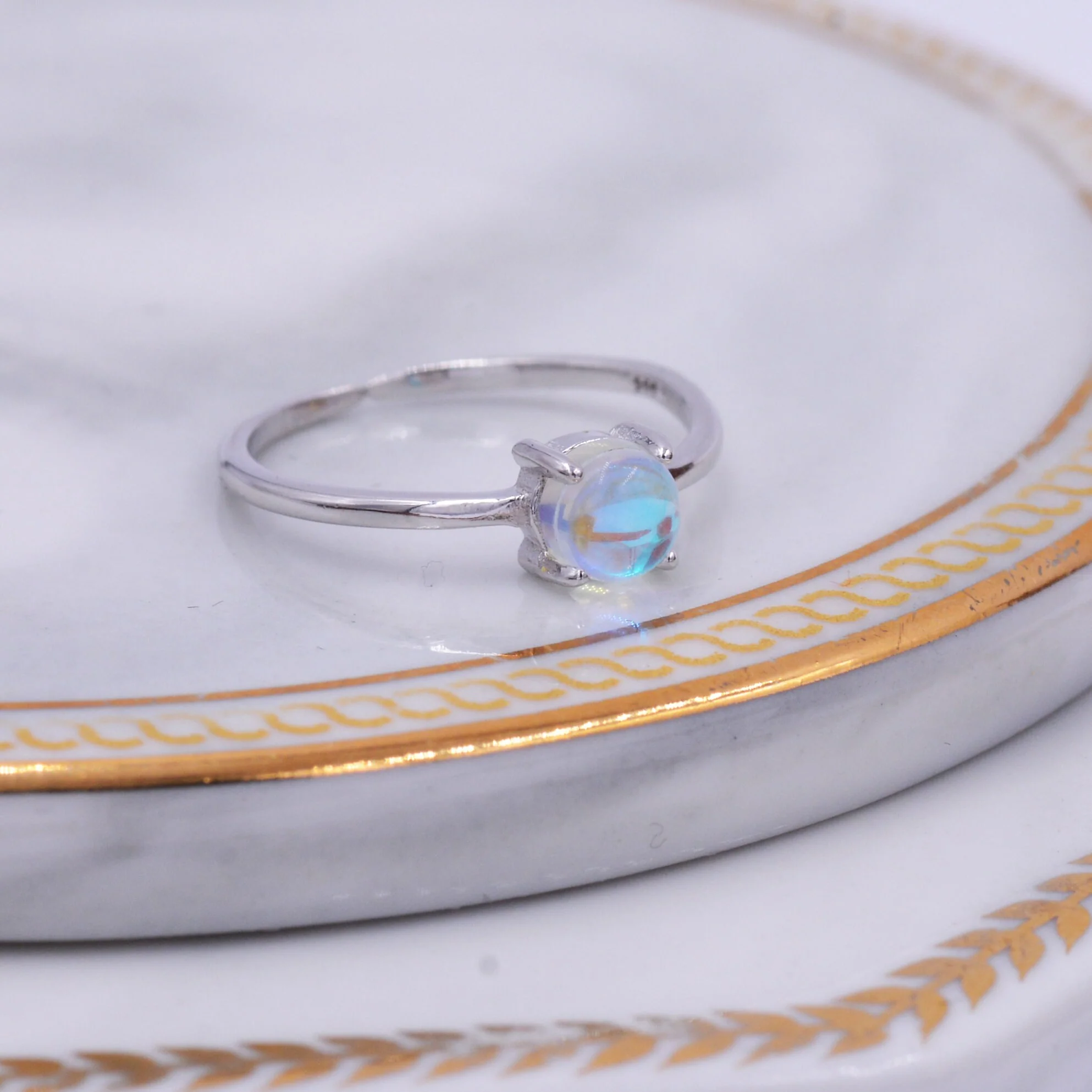 Sterling Silver Mermaid Tears Skinny Ring Band,  Simulated Moonstone Crystal Ring, Aurora Glass Ring, Minimalist. Fixed Size US 5-8 - Image 6