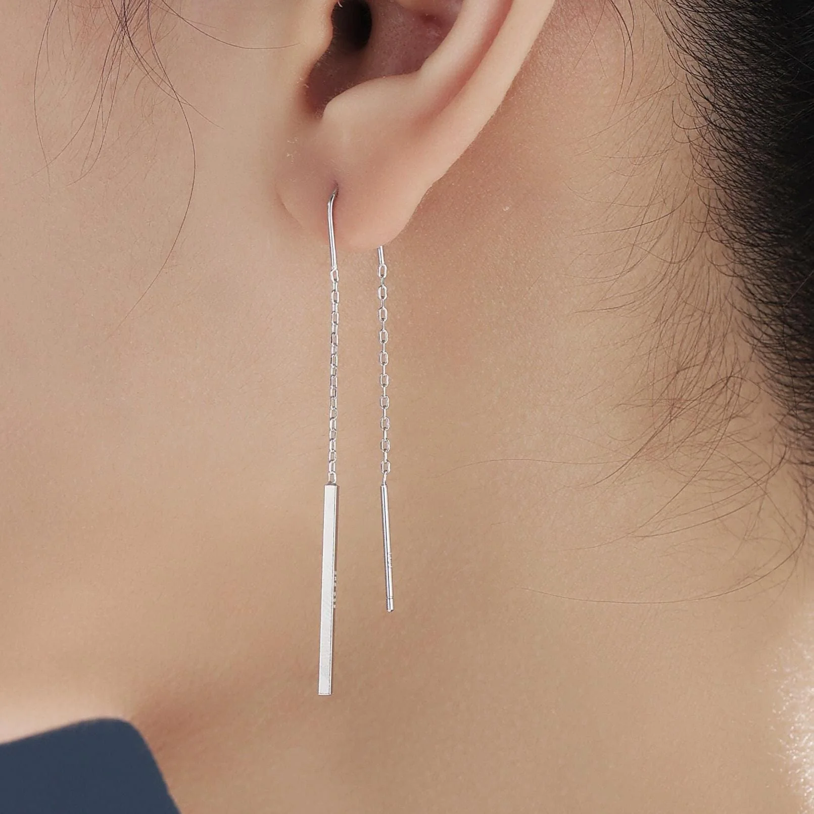 Sterling Silver Minimalist Bar Ear Threaders, Silver or Gold or Rose Gold, U Shape Bar Threader Earrings, Dainty Minimal Dangle Earrings - Image 7