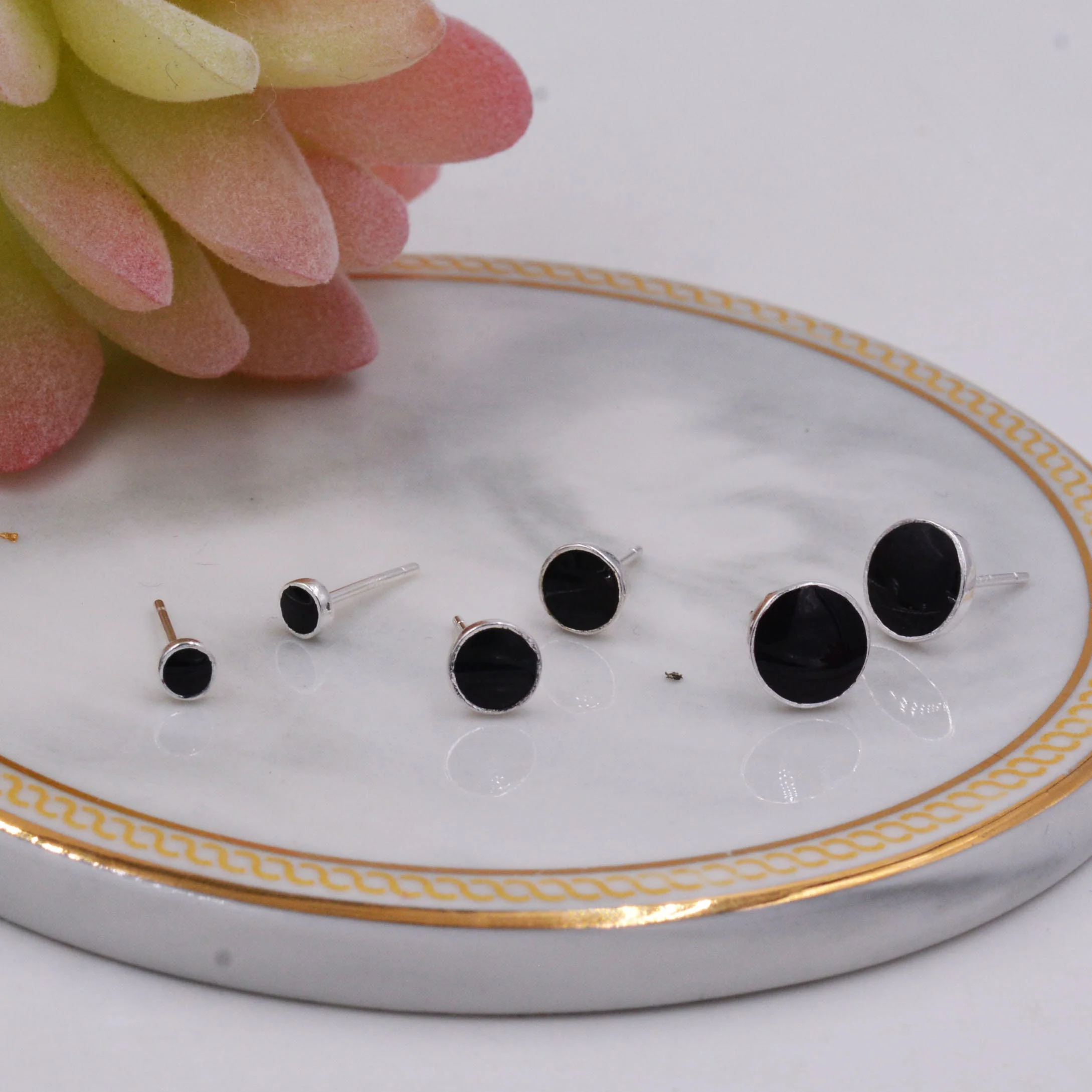 Sterling Silver Minimalist Round Dot Black Enamel Stud Earrings Unisex Round Circle Coin Design, Geometric, - Image 6