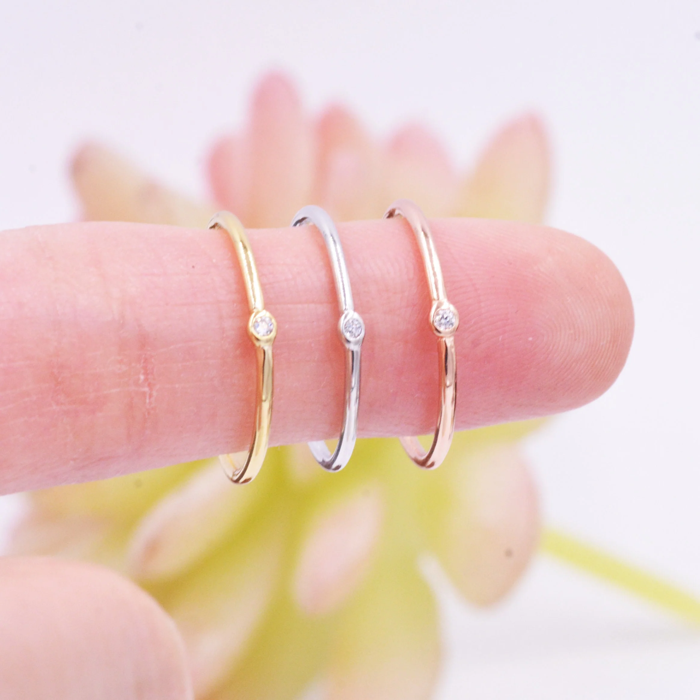 Sterling Silver Minimalist Skinny Ring, Stacking Ring, Single CZ Crystal, Simulated Diamond Ring. Adjustable Size. E94 - Image 7
