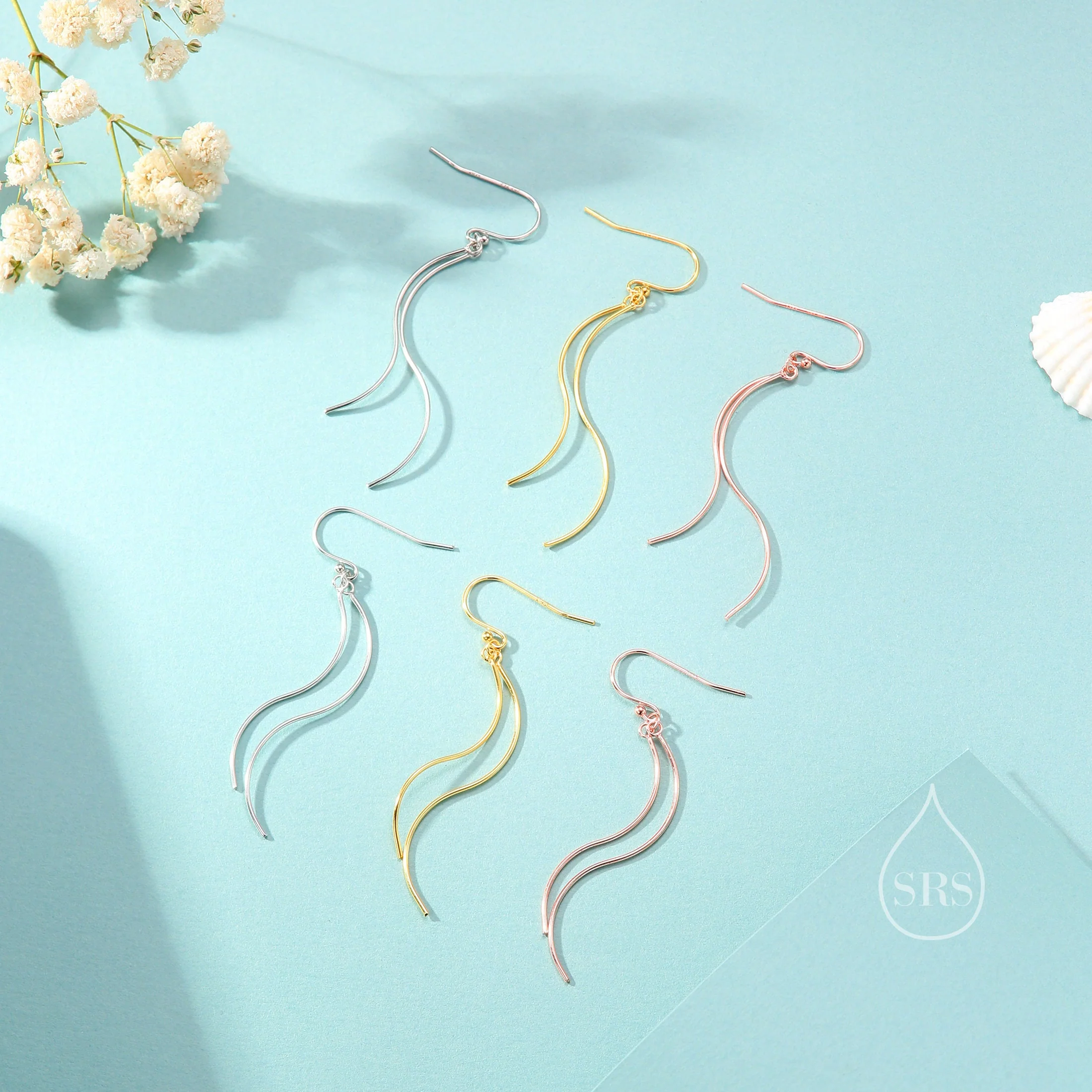 Sterling Silver Minimalist Wave Ear Wire Drop Earrings, Silver, Gold and Rose Gold, Spiral Threaders, Spiral Earrings, Wave Dangle Earrings - Image 5