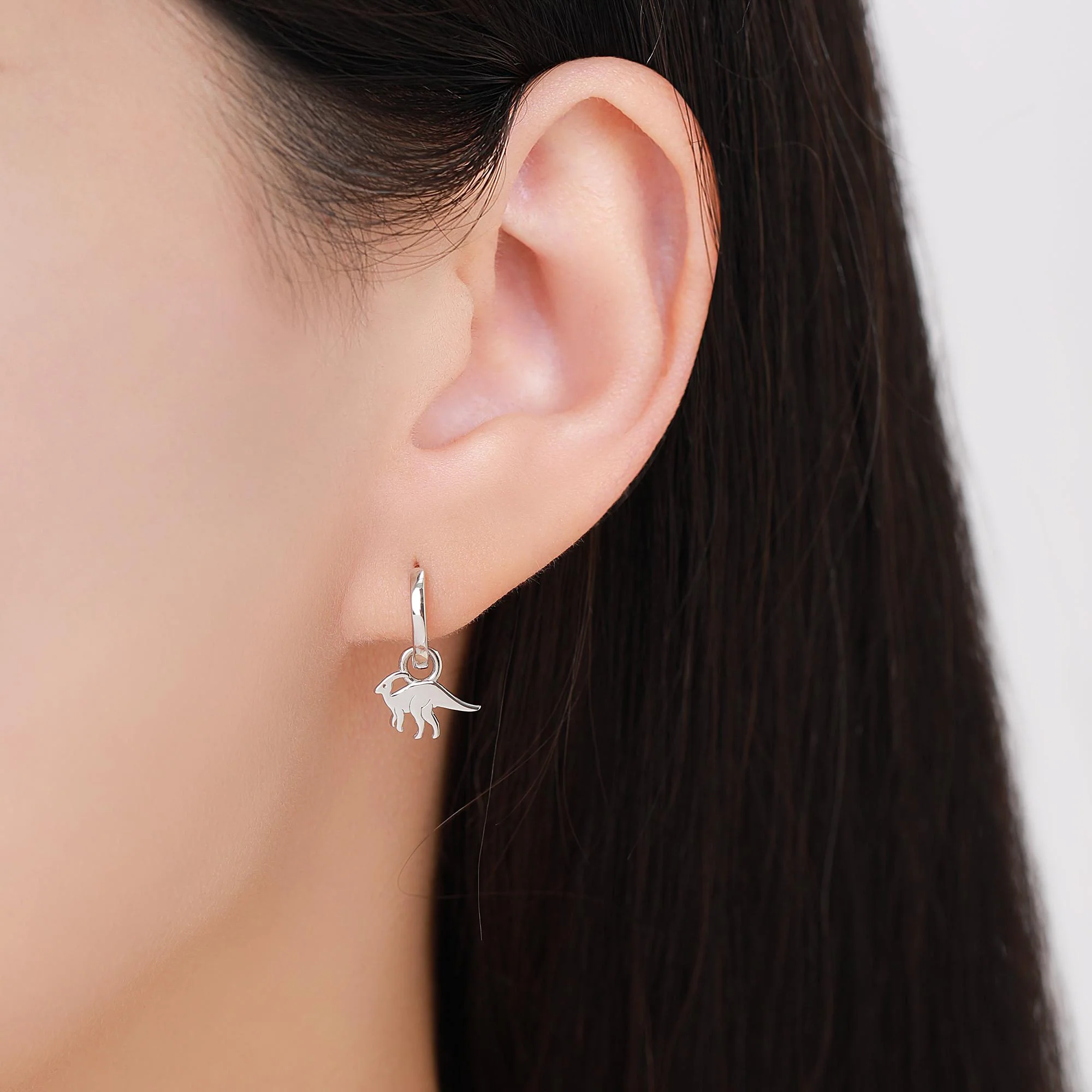 Sterling Silver Mismatched Parasaurolophus and Stegosaurus Hoop Earrings – Dinosaur Jewellery for Prehistoric Lovers, Detachable Hoops - Image 3