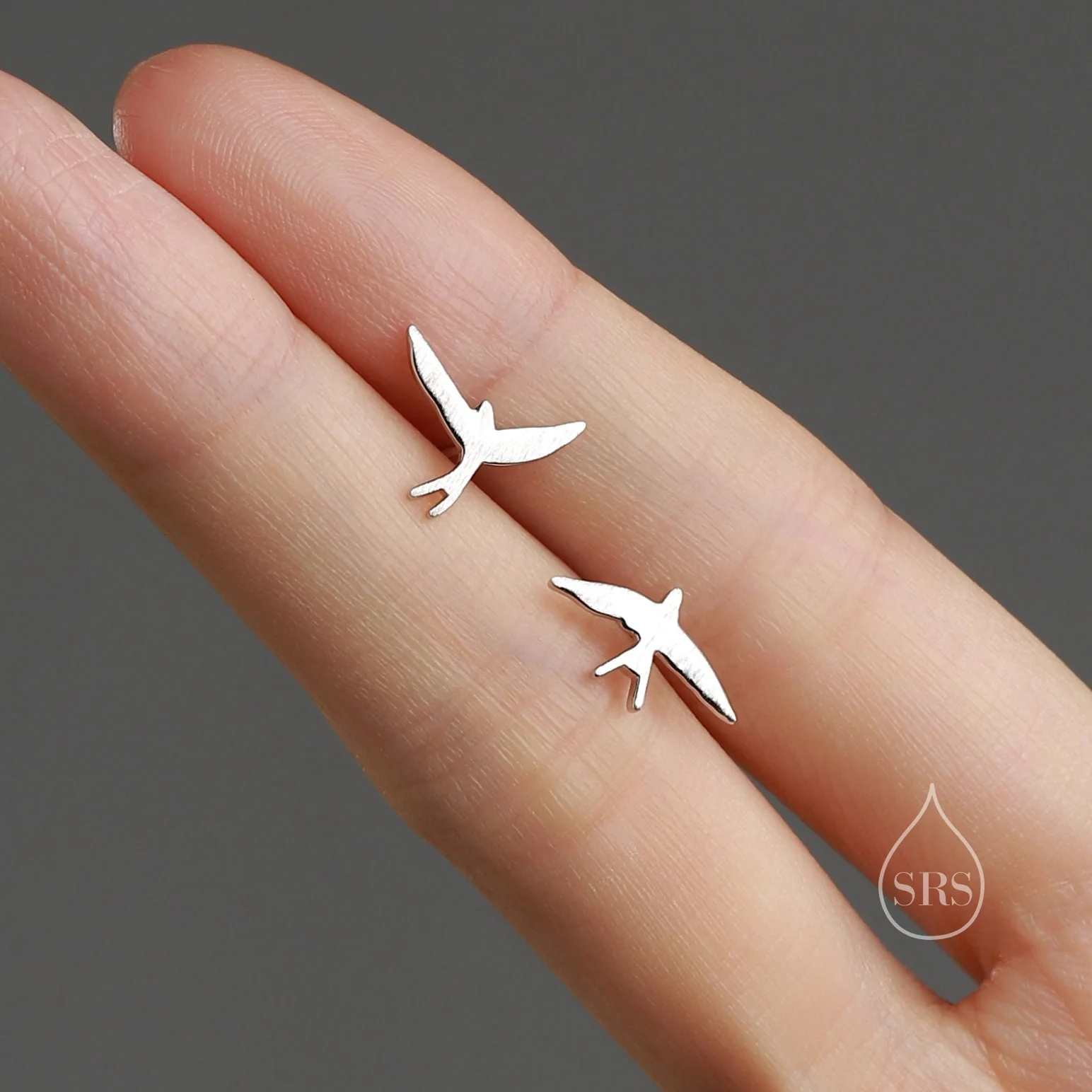 Sterling Silver Mismatched Asymmetric Swallow Bird Silhouette Stud Earrings - Textured Finish, Stacking Earrings -Fun, Whimsical and Pretty - Image 6
