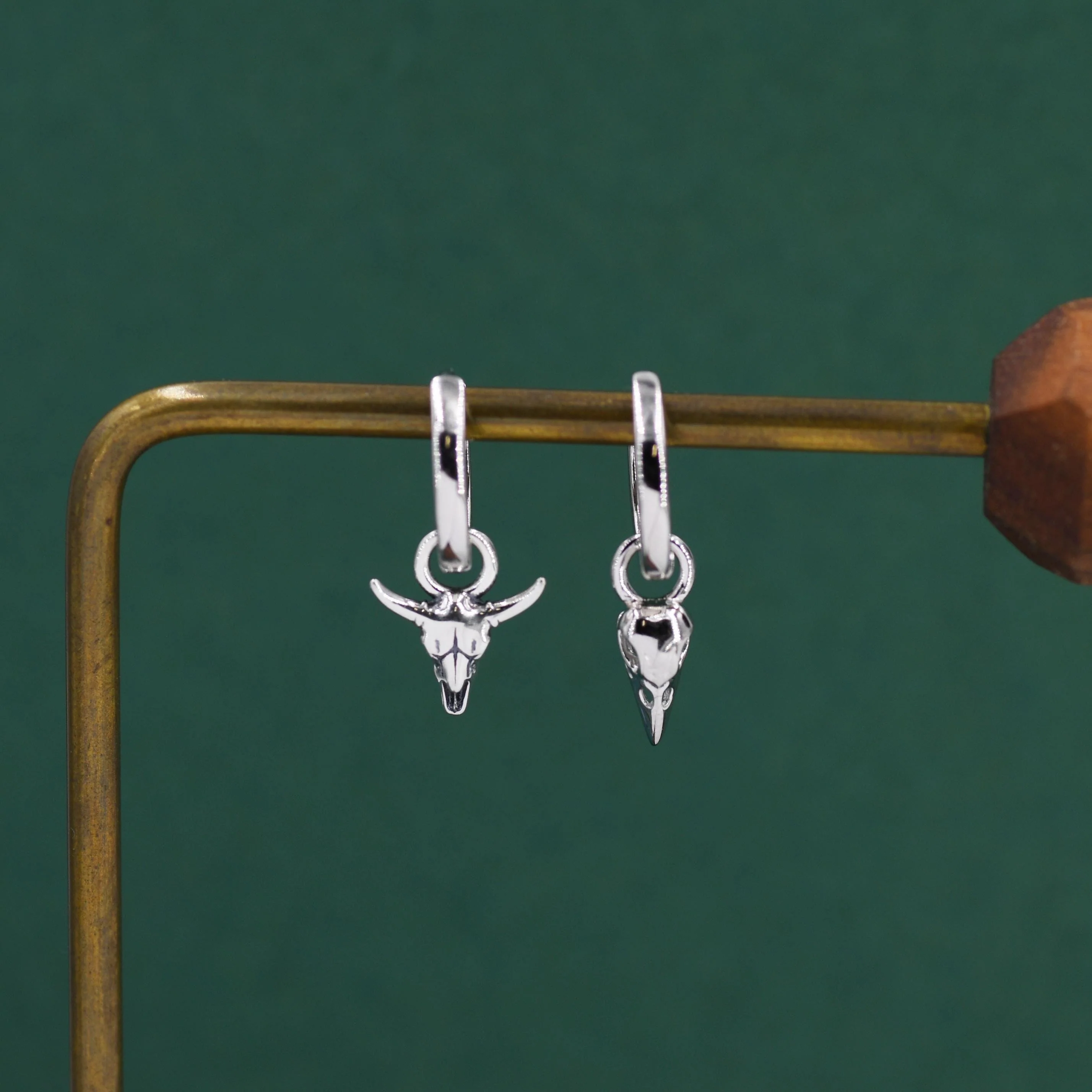 Sterling Silver Mismatched Bull Skull and Bird Skull Hoop Earrings – Gothic Western Statement Jewellery, Asymmetric Animal Skull Earrings - Image 2