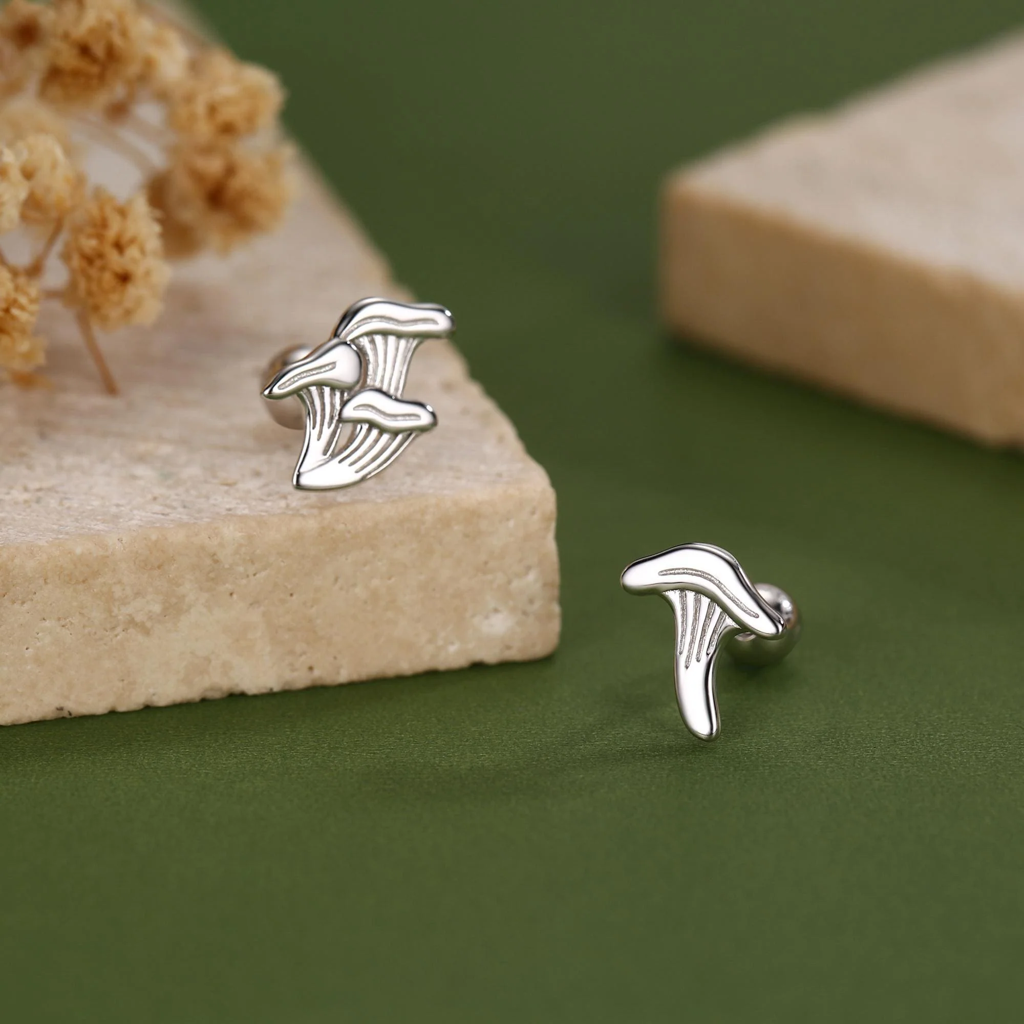 Sterling Silver Mismatched Chanterelle Mushroom 18G Screw Back Ball Stud Earrings with Ball Backs - Image 8