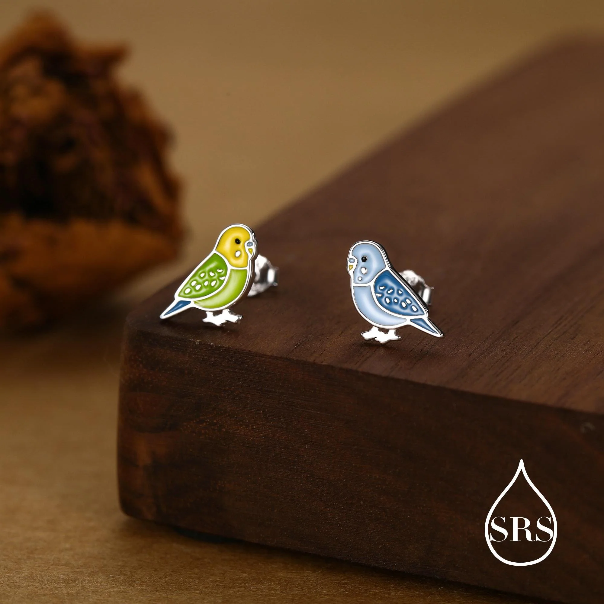 Sterling Silver Mismatched Enamel Budgie Stud Earring, Asymmetric Pair Green and Blue Pet parakeets Earrings, Nature-Inspired bird Earring - Image 5