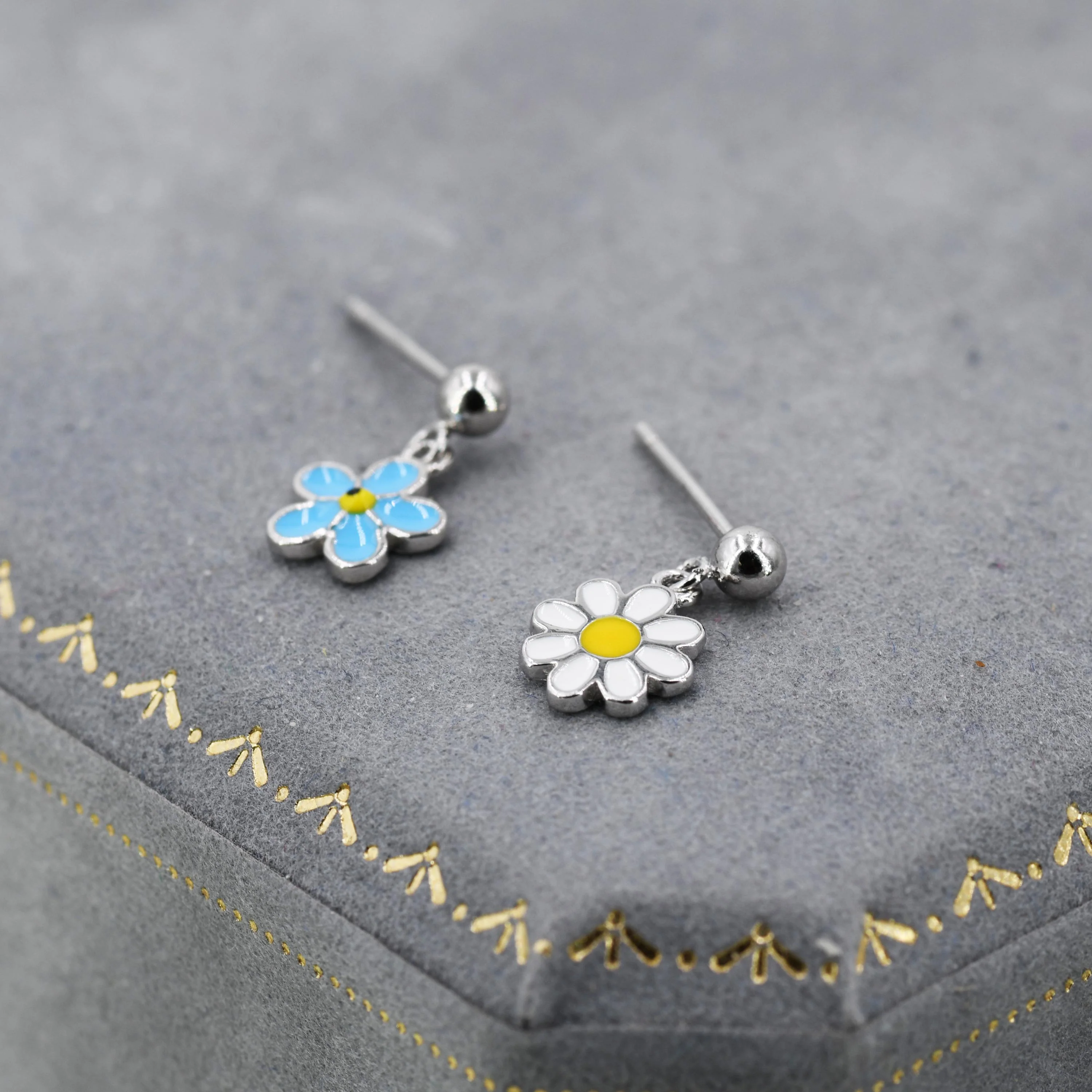 Sterling Silver Mismatched Enamel Daisy and Forget Me Not Flower Drop Stud Earrings, Dainty Asymmetric Forget-me-not and Daisy Earrings - Image 3